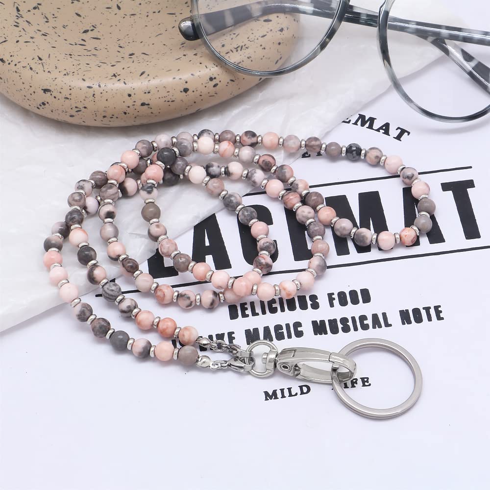 Beaded Lanyard for Women - ID Badge Holder & Glasses Strap (Pink Zebra Jasper) - Perfect for Teachers & Office Use