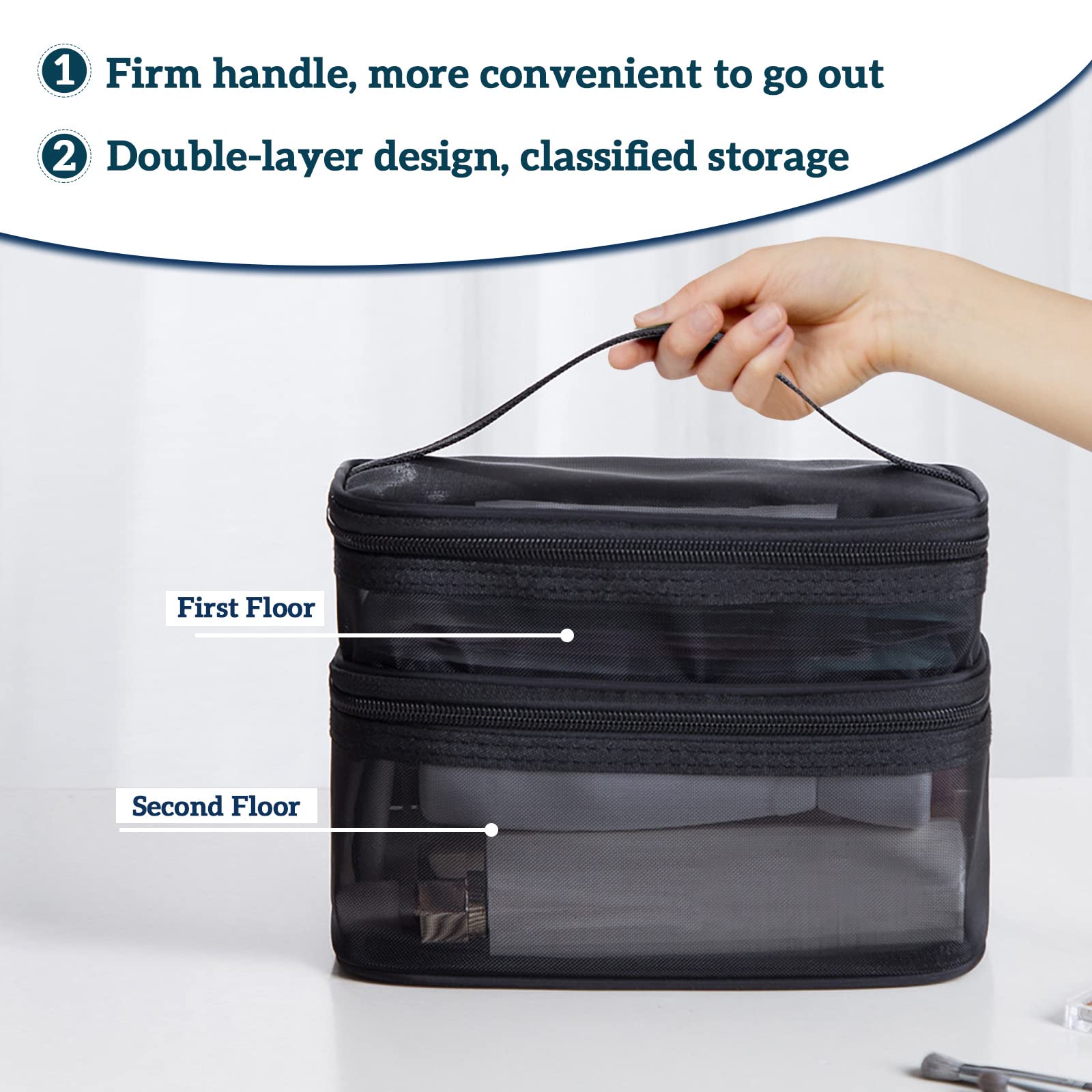 Double Layer Makeup Bag - Large Mesh Travel Cosmetic Pouch with Double Zipper, Waterproof Toiletry Organizer for Makeup Brushes & Essentials (Black) | Perfect for Travel, Gym & Daily Use