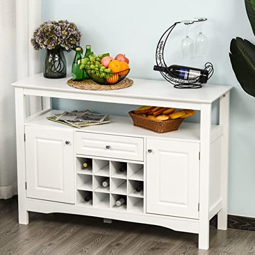 Modern White Wooden Kitchen Buffet Bar Cabinet with Drawer & 12-Bottle Wine Rack - Storage Furniture for Dining Room, Living Room & Home Bar Organization