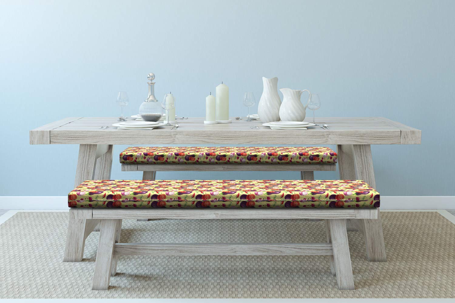 Ambesonne 2-Piece Eggplant Print Bench Cushion Set with Foam Pad - Nature Inspired Vegetable Pattern (Tomato, Radish, Onion, Rosemary, Red Pepper) - Standard Size Pale Yellow & Red Plum - Perfect for Kitchen Benches, Outdoor Patio Furniture, and Farmhouse Decor