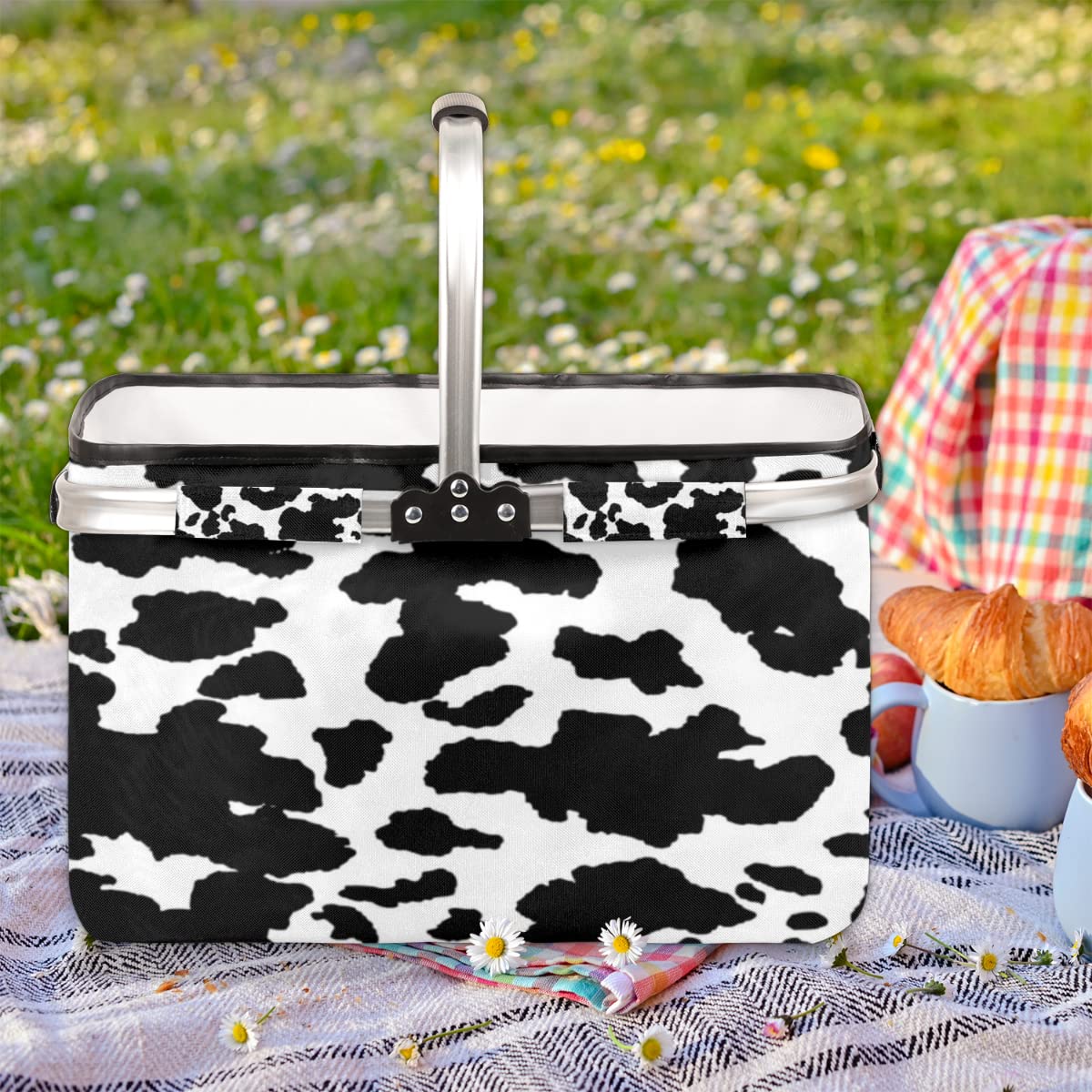 Collapsible Large Animal Print Reusable Shopping Tote Bag - Heavy Duty Grocery Bag with Handles - Foldable Picnic Basket for Travel, Camping, Beach & Market Use - Cow Pattern Design for Stylish Shopping & Outdoor Activities