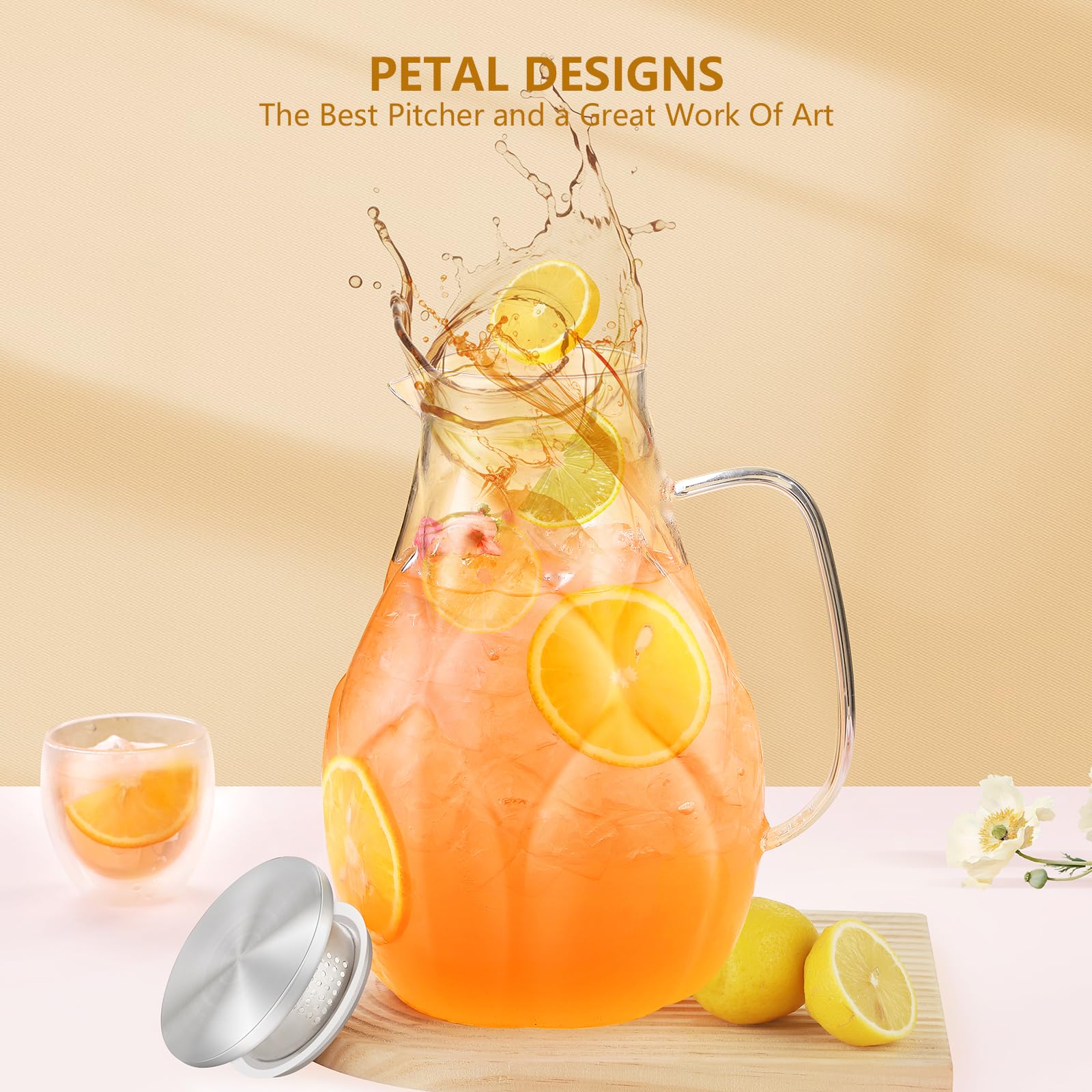 102oz Glass Pitcher with Lid - Stainless Steel Large Iced Tea Pitcher with Unique Petal Design - Lightweight Borosilicate Glass for Hot & Cold Drinks - Perfect for Iced Tea, Lemonade, Cocktails & Party Serving
