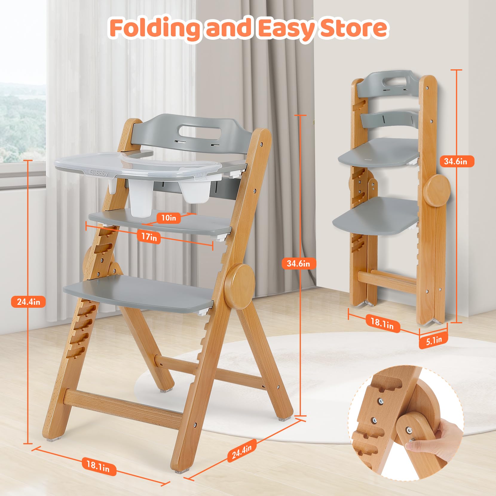 Ezebaby Adjustable Wooden High Chair for Babies & Toddlers - Foldable, Grow with Your Child Design, 3-Position Seat & Footrest, Removable Cushion & Double-Layer Tray (Grey) - Perfect for Dining, Feeding & Playtime at Home or Restaurant