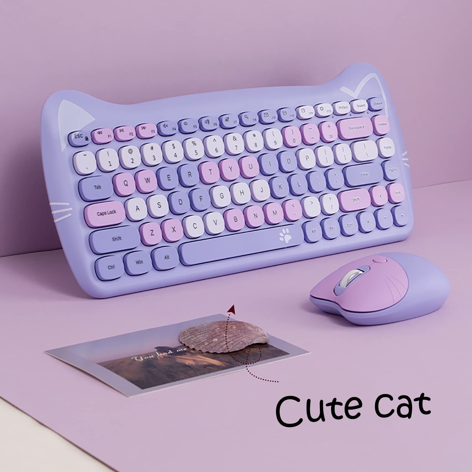 Cute Cat 2.4G USB Wireless Keyboard and Mouse Combo - Silent Keys, Ergonomic Design, Candy Colors (Purple-84Keys) - Compatible with Windows/Mac PC, Laptop - Perfect for Home Office, Gaming & Typing