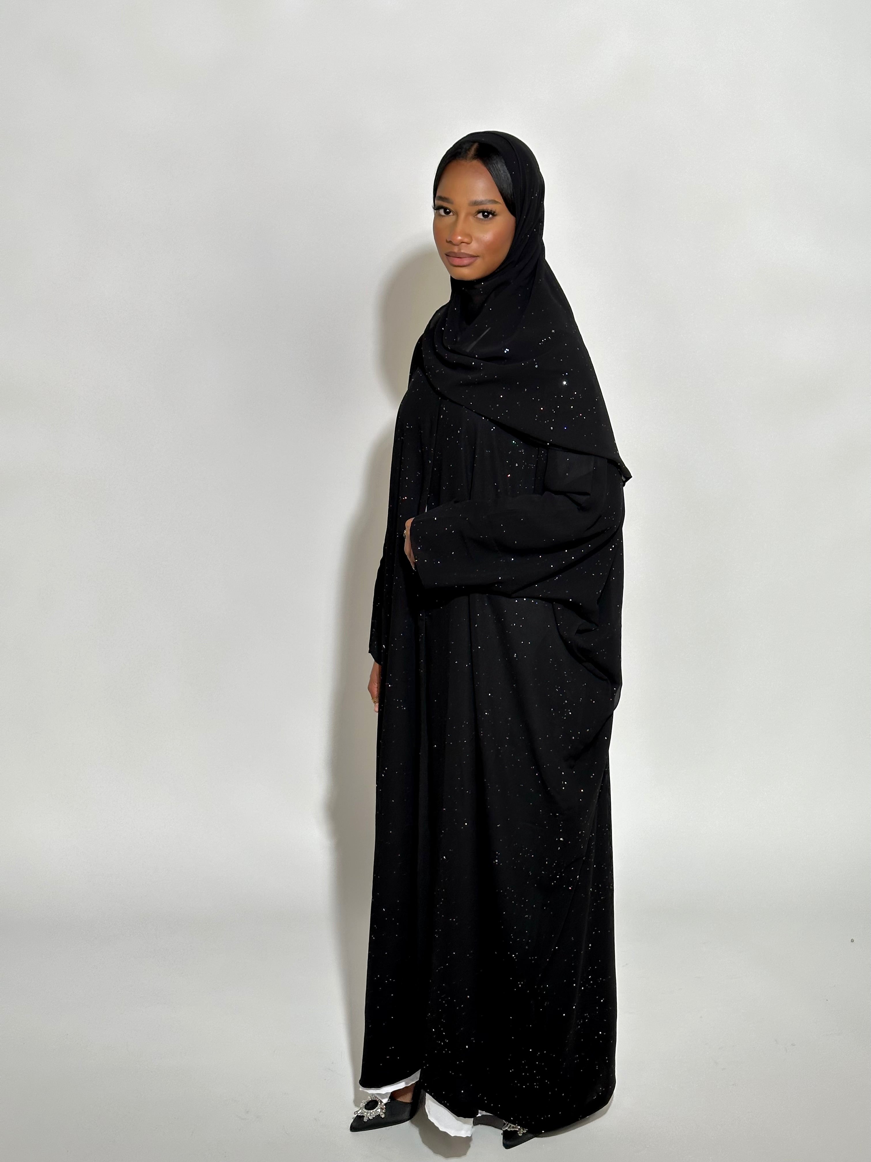 Elegant Black Stars Abaya Set - Modest Islamic Prayer Dress for Women - Perfect for Eid, Ramadan & Special Occasions