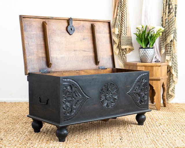 Hand Carved Black Wooden Storage Box for Blankets & Linens | Premium Wood Carving Chest for Home Decor, Bedroom & Living Room Organization