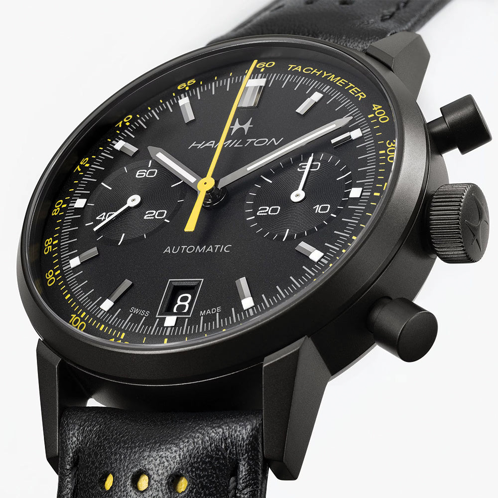 American Classic Intra Matic Automatic Chronograph Watch 40mm - Black PVD Case with Genuine Leather Strap & Yellow Accents | Perfect for Business Meetings, Formal Events & Everyday Wear