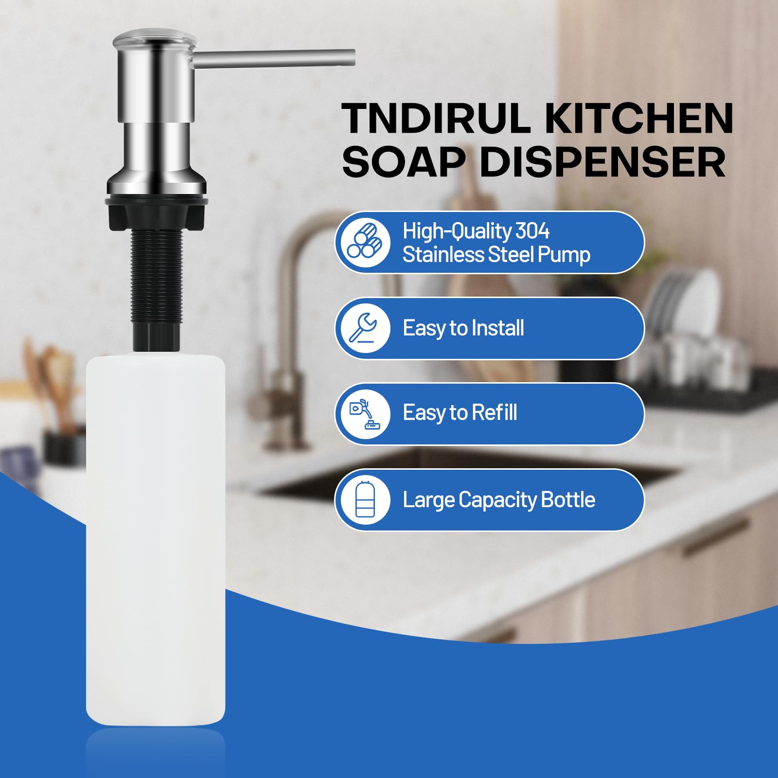 Stainless Steel Chrome Soap Dispenser for Kitchen Sink - 17oz Top Refillable Countertop Dispenser | Perfect for Bathroom, Kitchen, or Office Use
