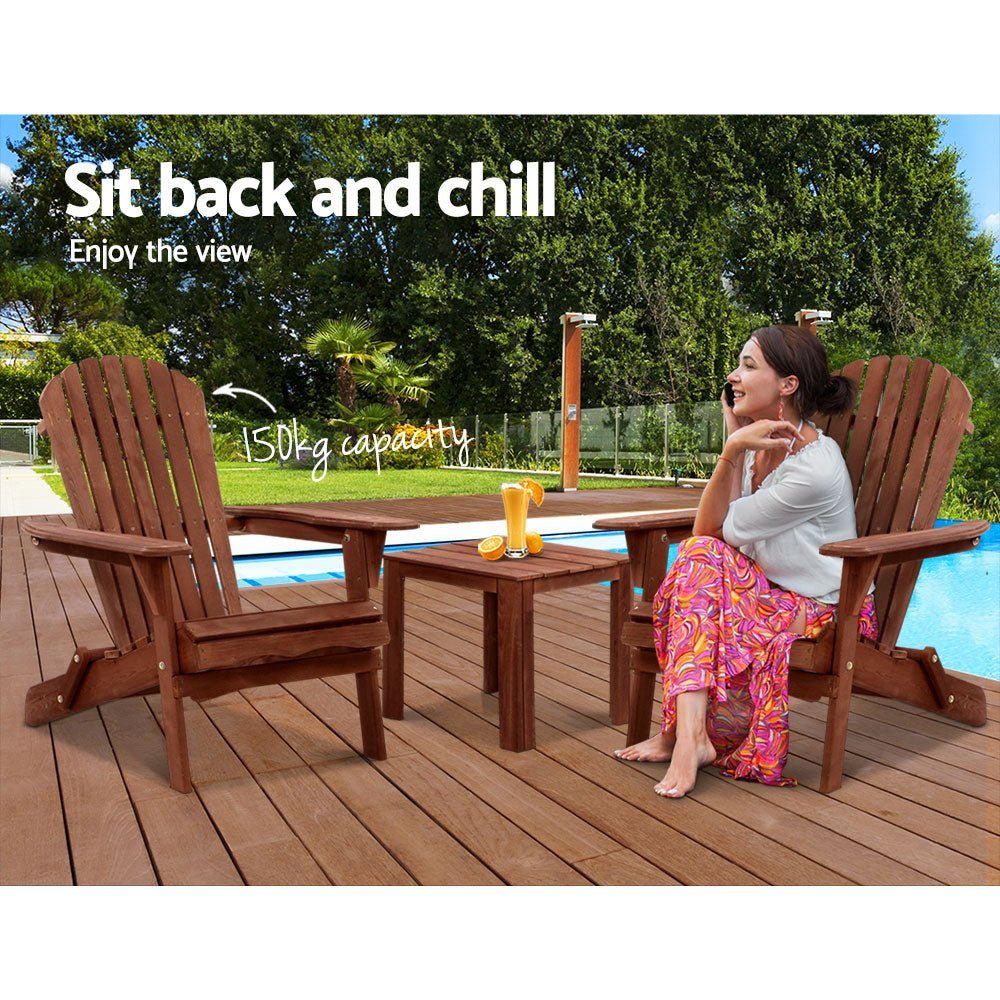 3PC Adirondack Outdoor Table and Chairs Set - Foldable Wooden Patio Furniture for Garden, Beach, Poolside - Weather-Resistant Brown Finish for Backyard Relaxation
