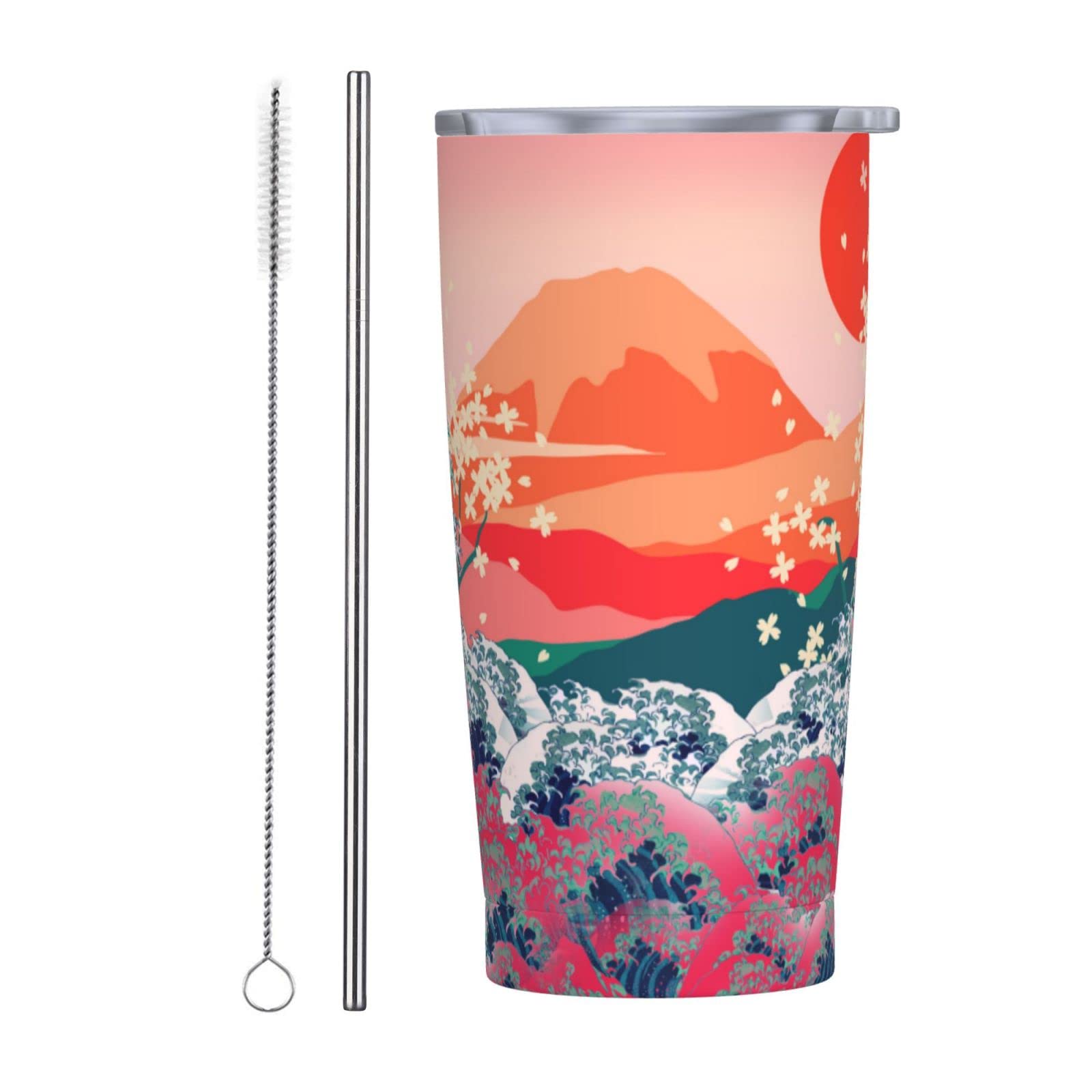 Japanese Ocean Sunset 20oz Stainless Steel Vacuum Insulated Tumbler with Straw Lid & Cleaning Brush - Perfect Travel Mug, Birthday Gift for Women, Best Friend Gift - Ideal for Coffee, Tea, and Cold Drinks On-The-Go
