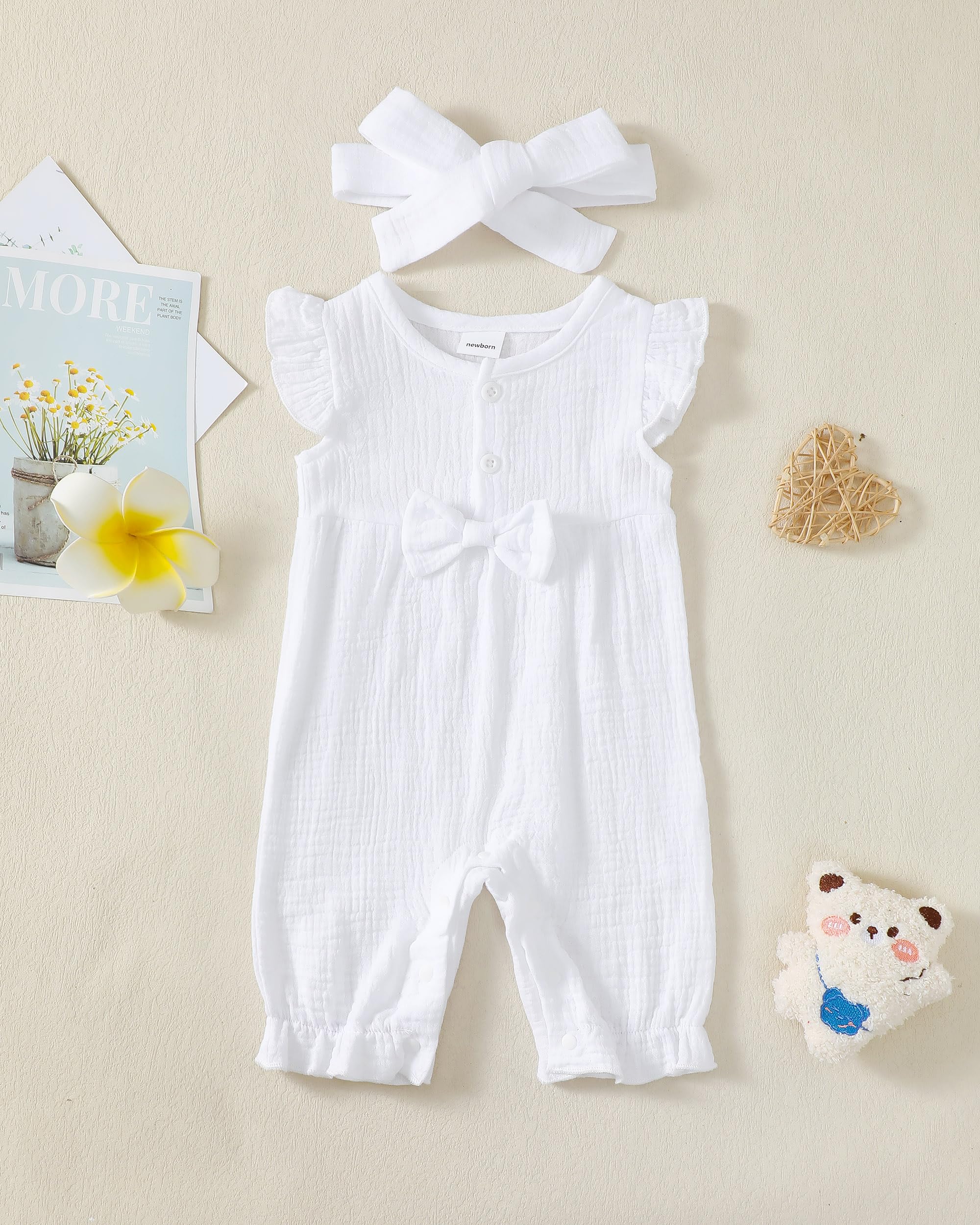 Baby Girl Romper Outfits - Soft Cotton Linen Summer Bodysuit Jumpsuits for Newborns & Preemies | Essential Infant Clothes for Playtime, Photos & Daily Wear