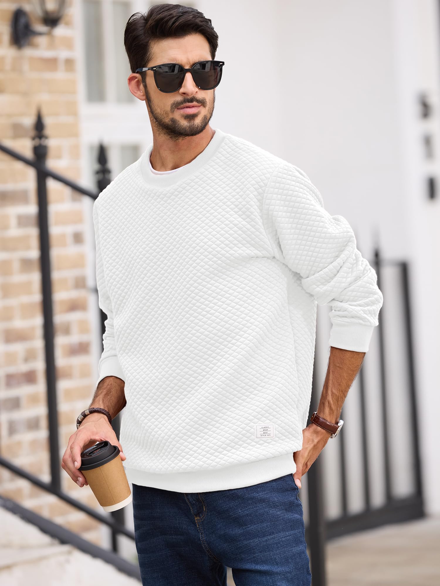 Men's Solid Color Diamond Grid Texture Crewneck Sweatshirt - Long Sleeve Casual Pullover Shirt for Everyday Wear, Street Style & Layering Outfits
