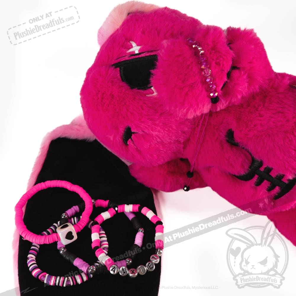 Plushie Dreadfuls Pink Anxiety Rabbit Stacking Friendship Bracelet - Cute Stress Relief Gift for Women, Girls | Anxiety Awareness, Self-Care, BFF Matching Jewelry