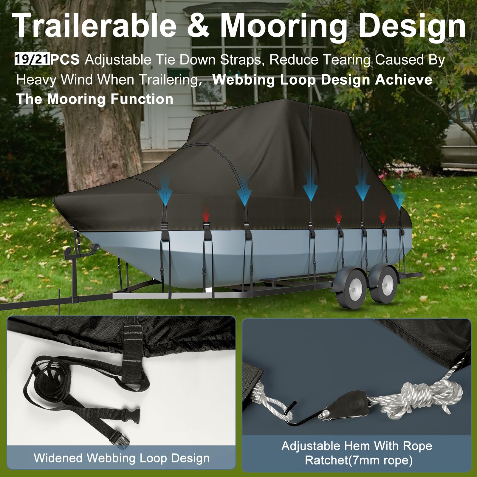 Trailerable T-Top Boat Cover - 900D Solution Dyed Hard Top/T-Top Cover with 21 Windproof Straps & Motor Cover - Fits 21'-23' Center Console Boats (Beam Width Up to 106