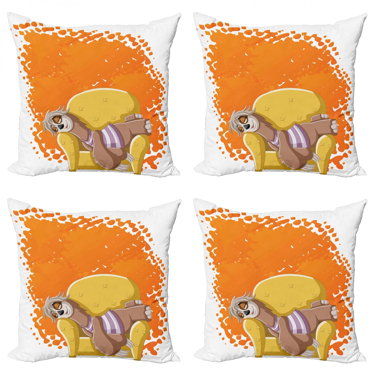 Ambesonne Sloth Decorative Throw Pillow Covers Pack of 4 - Cute Cartoon Sloth Design with Speech Bubble, 24 Inch Orange Yellow Cushion Covers for Sofa, Living Room, Bedroom & Car - Perfect for Home Decor, Gifts and Cozy Nap Time