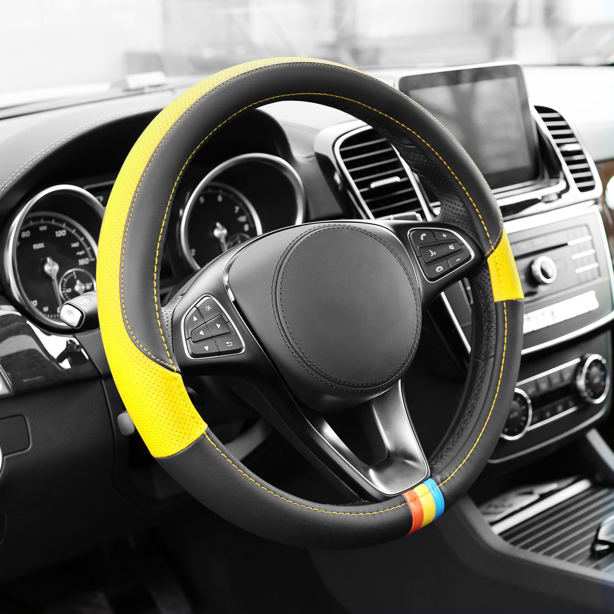 FH Group Full Spectrum Microfiber Leather Steering Wheel Cover - Universal Fit for Cars & SUVs - Yellow | Non-Slip Grip, Heat & UV Protection | Perfect for Road Trips & Daily Commuting