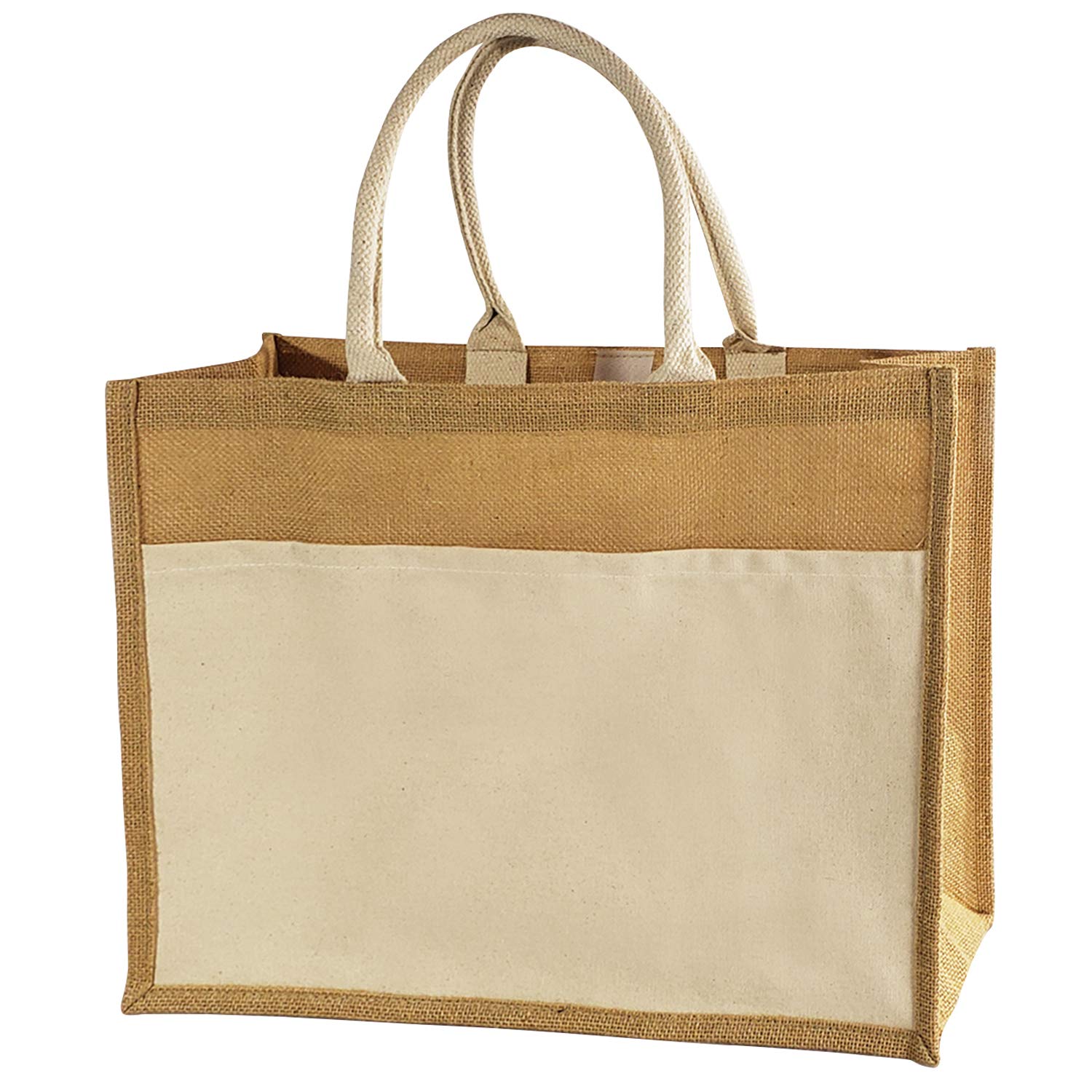 Eco-Friendly Heavy Duty Reusable Jute Burlap Tote Bag with Front Canvas Pocket - Large Shopping Bag for Groceries, Beach, Farmers Market & DIY Crafts | Sustainable Natural Fiber Gift Bag