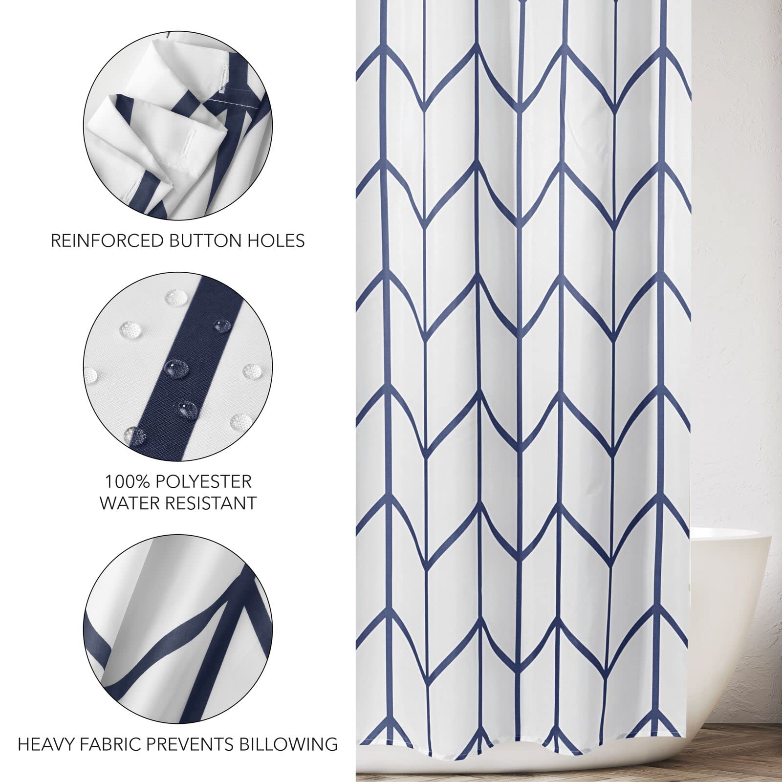 Modern Herringbone Pattern Shower Curtain - Geometric Striped Bathroom Decor - Waterproof Fabric Shower Curtain with Rustproof Grommets - 72