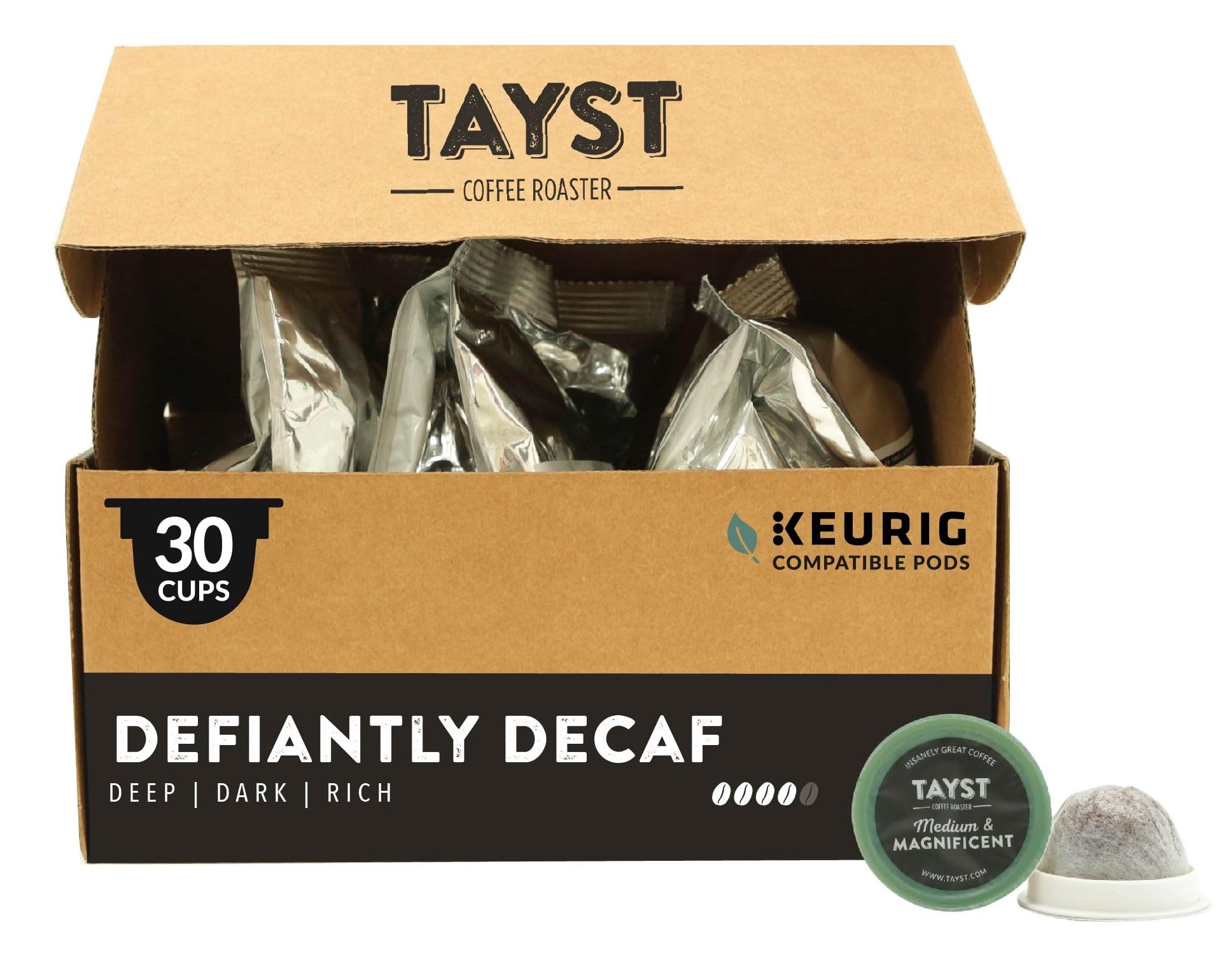 Tayst Coffee Pods - Defiantly Decaf Dark Roast K-Cups | Compatible with Keurig Coffee Makers | Sustainable Single-Serve Coffee Pods (30 Count) | Perfect for Home, Office & Morning Brews