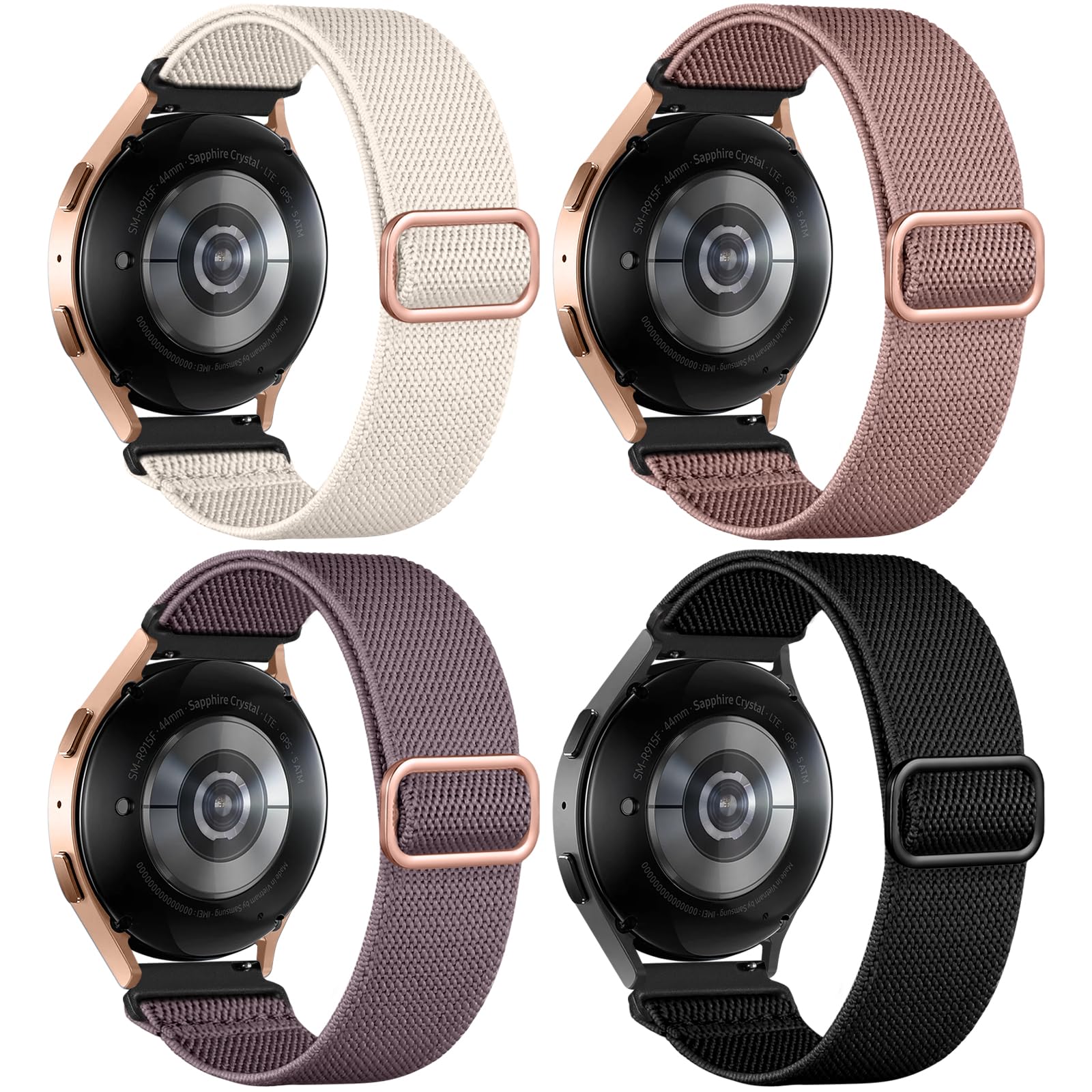 DaQin 4 Pack Stretchy Nylon Solo Loop Watch Bands - Compatible with Samsung Galaxy Watch 7/6/5/4/Classic/Active 2/5 Pro - 20mm Soft Adjustable Sport Strap for Workout, Running & Daily Wear