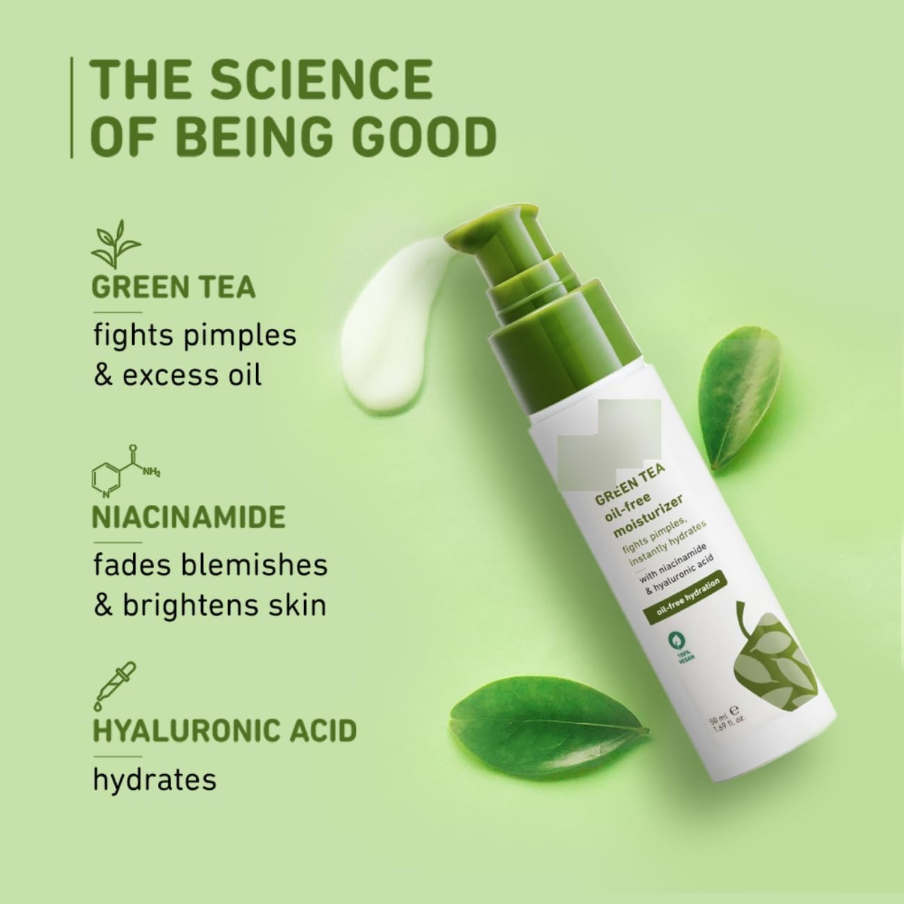 Oil-Free Green Tea Face Moisturizer with Niacinamide & Hyaluronic Acid - Acne Fighting, Hydrating & Brightening Facial Cream for Oily & Combination Skin - Lightweight, Non-Sticky Formula for Day & Night Use - 50ml