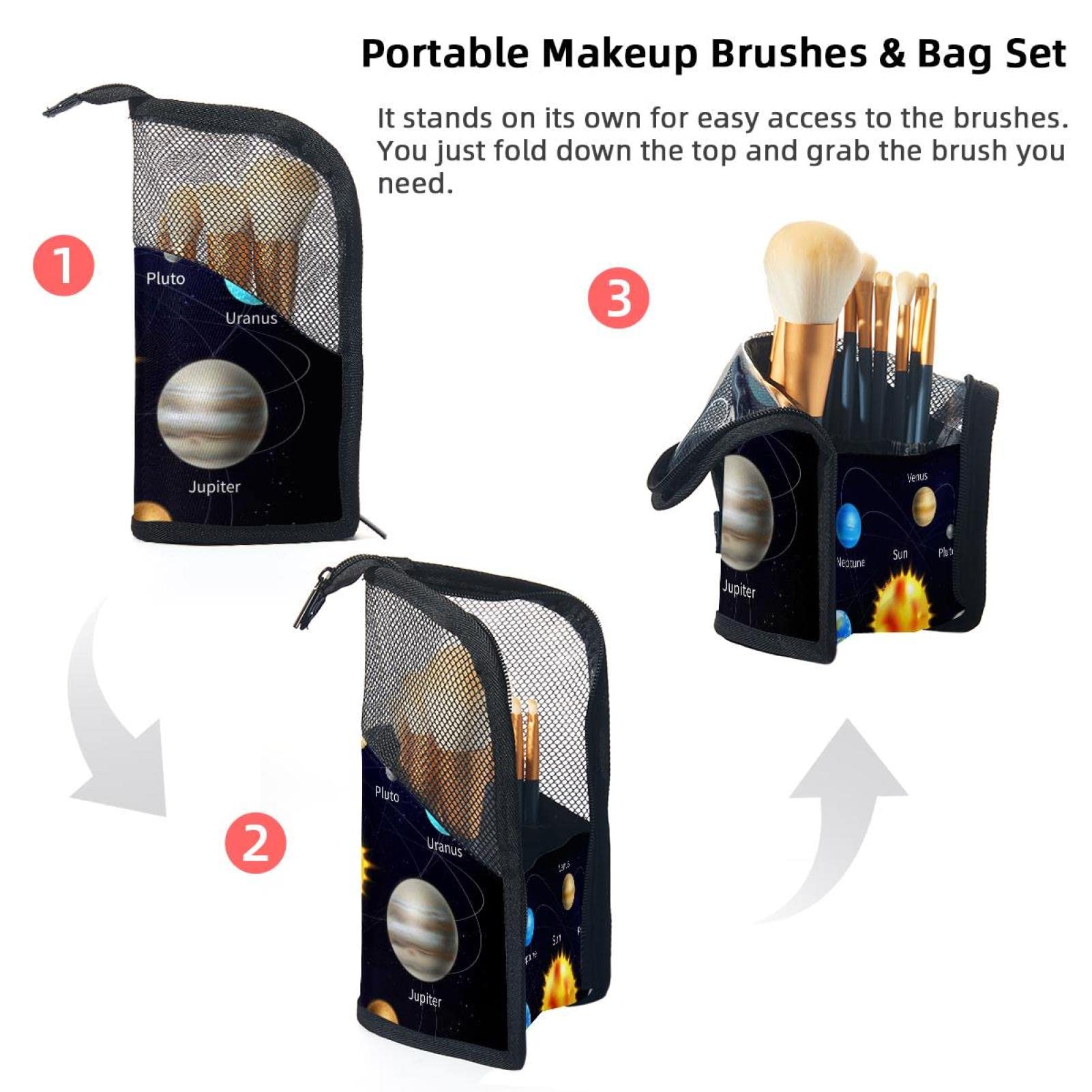 12-Piece Makeup Brush Organizer Bag with Solar System Design - Portable Cosmetic Brush Holder Case for Travel & Home Storage - Includes Planet Names for Educational Fun