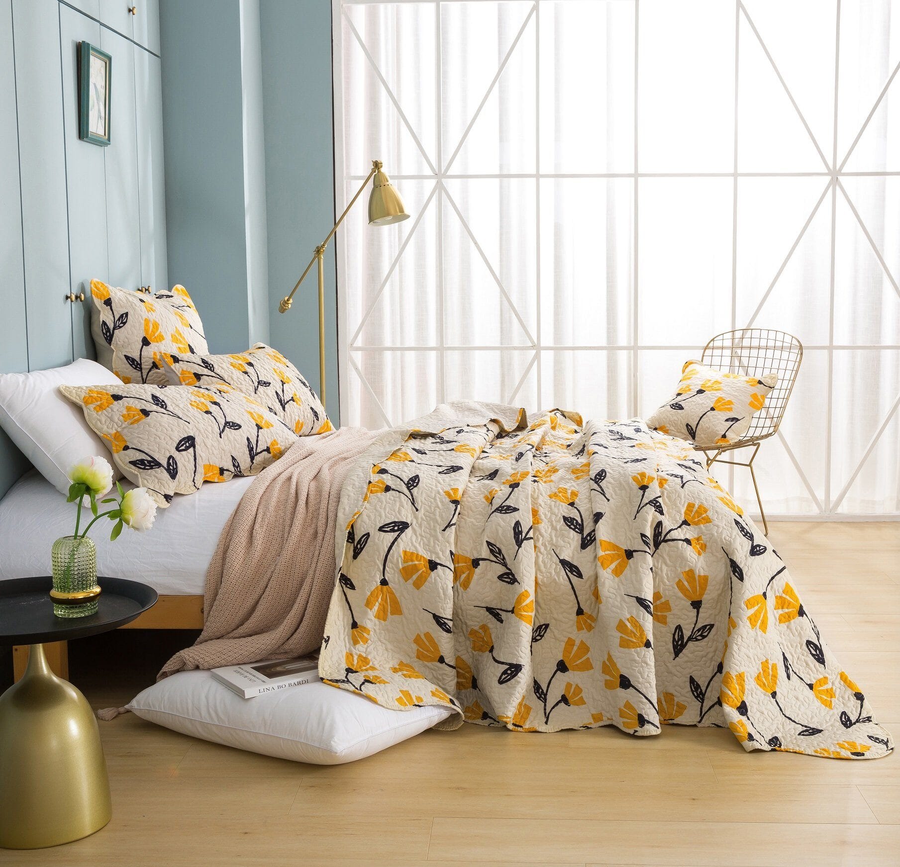 DaDa Bed in a Bag Bundle Set - Yellow Fleur Botanical Ivory Tan Floral Bedding Set (Queen Size) for Cozy Bedroom Decor & Guest Room Essentials