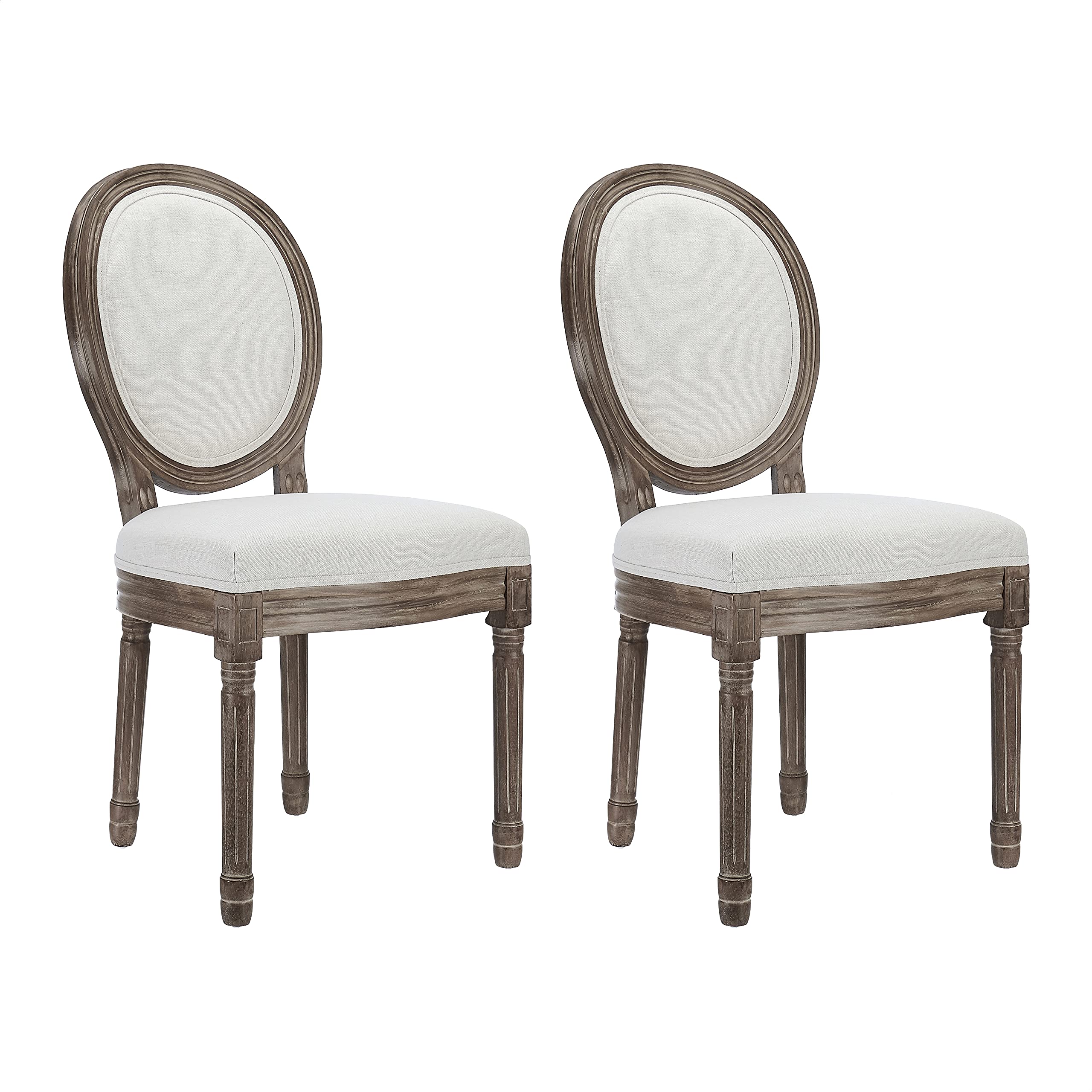 French Country Distressed Dining Chairs Set of 2 - Farmhouse Round Back Accent Chairs for Kitchen, Bedroom & Living Room - Beige Fabric Upholstered Side Chairs - Perfect for Cottage, Rustic & Vintage Home Decor