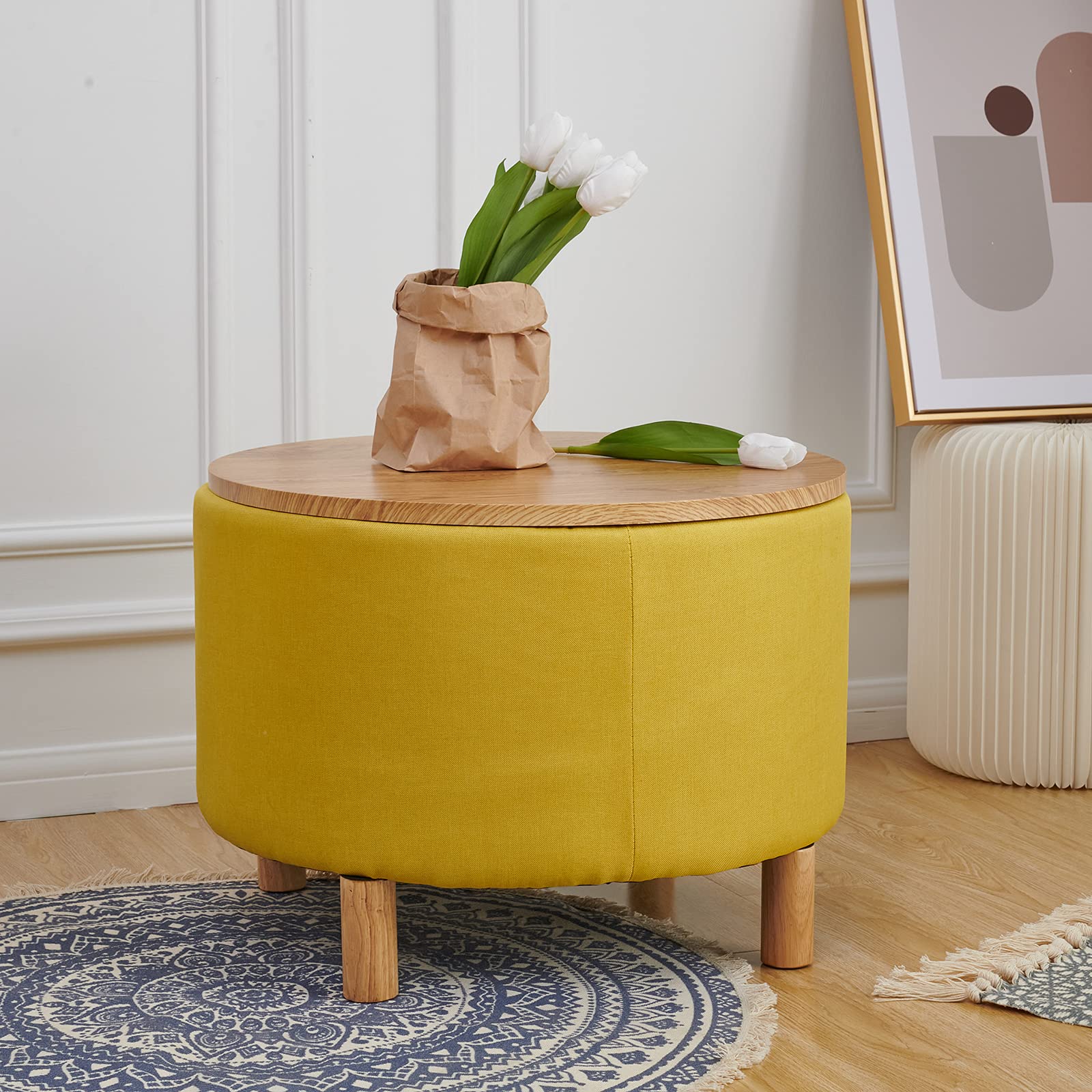 Round Coffee Table with Storage - Multi-Function Ottoman Foot Rest for Living Room & Bedroom - High Capacity Cotton Linen Fabric - Natural Color with Yellow Accents - Perfect for Small Spaces, Home Decor, and Relaxation