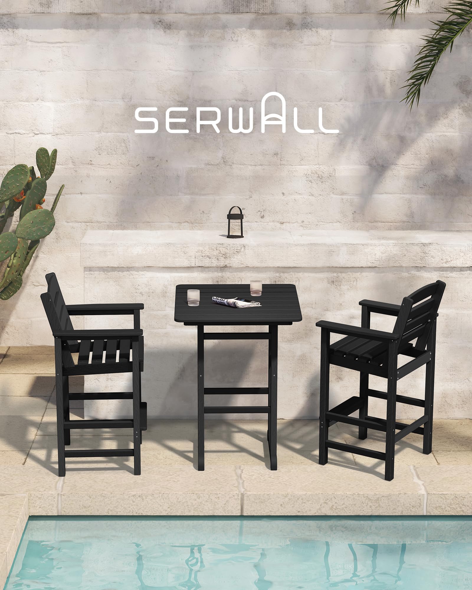 SERWALL 3-Piece Balcony Adirondack Chairs and Table Set - 2 Bar Height Chairs & Bar Table - Outdoor Patio Furniture for Bistro, Poolside, Backyard, Garden - Black - Perfect for Relaxing and Entertaining Outdoors