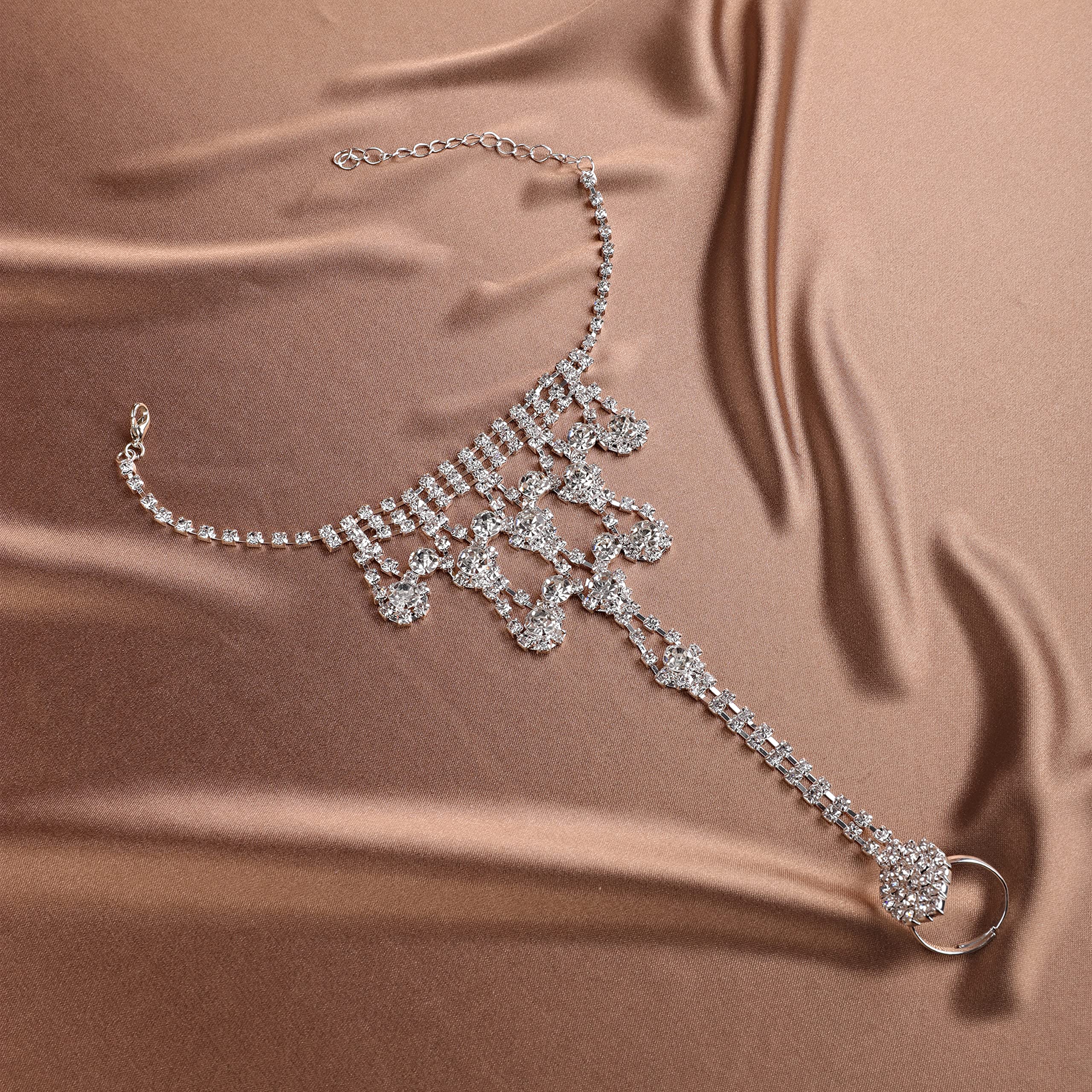 YERTTER Dainty Rhinestone Crystal Hand Chain Bracelet - Silver & Gold Finger Link Bangle for Women | Elegant Party, Wedding, Prom Jewelry Accessory