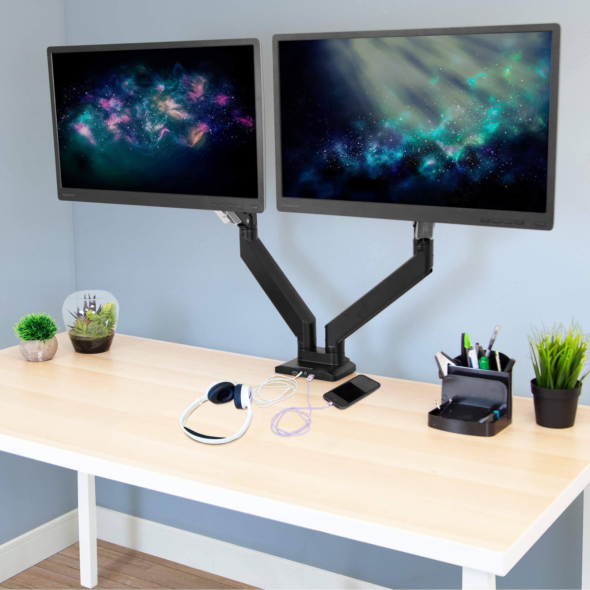 MOUNT-IT! Heavy Duty Dual Monitor Desk Mount Stand with USB 3.0 Ports - 33 lbs Capacity Per Arm, Adjustable Gas Spring, Full Motion Articulating Arms for Computer Screens (17-35 inch VESA Compatible) - Perfect for Home Office, Gaming Setup & Workspace Ergonomics