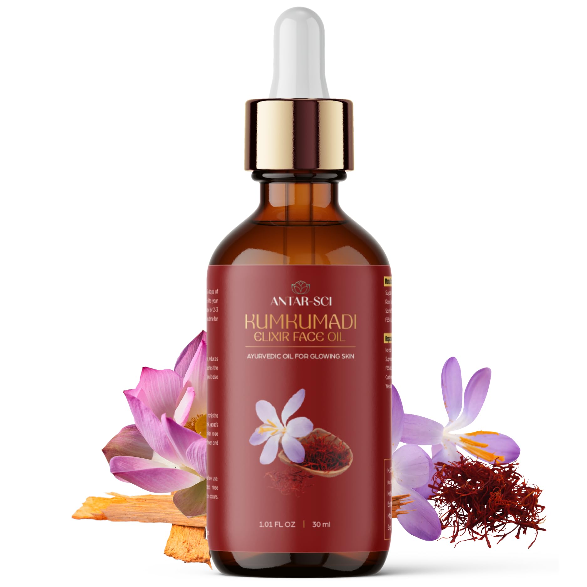 Antar-Sci Ayurvedic Kumkumadi Gold Oil for Glowing Skin | 100% Pure & Natural | Luxurious Saffron, Manjistha, Sandalwood & 9 Herbal Blend | Reduces Fine Lines & Repairs Skin | 30ml | Perfect for Nighttime Skincare & Anti-Aging Routine