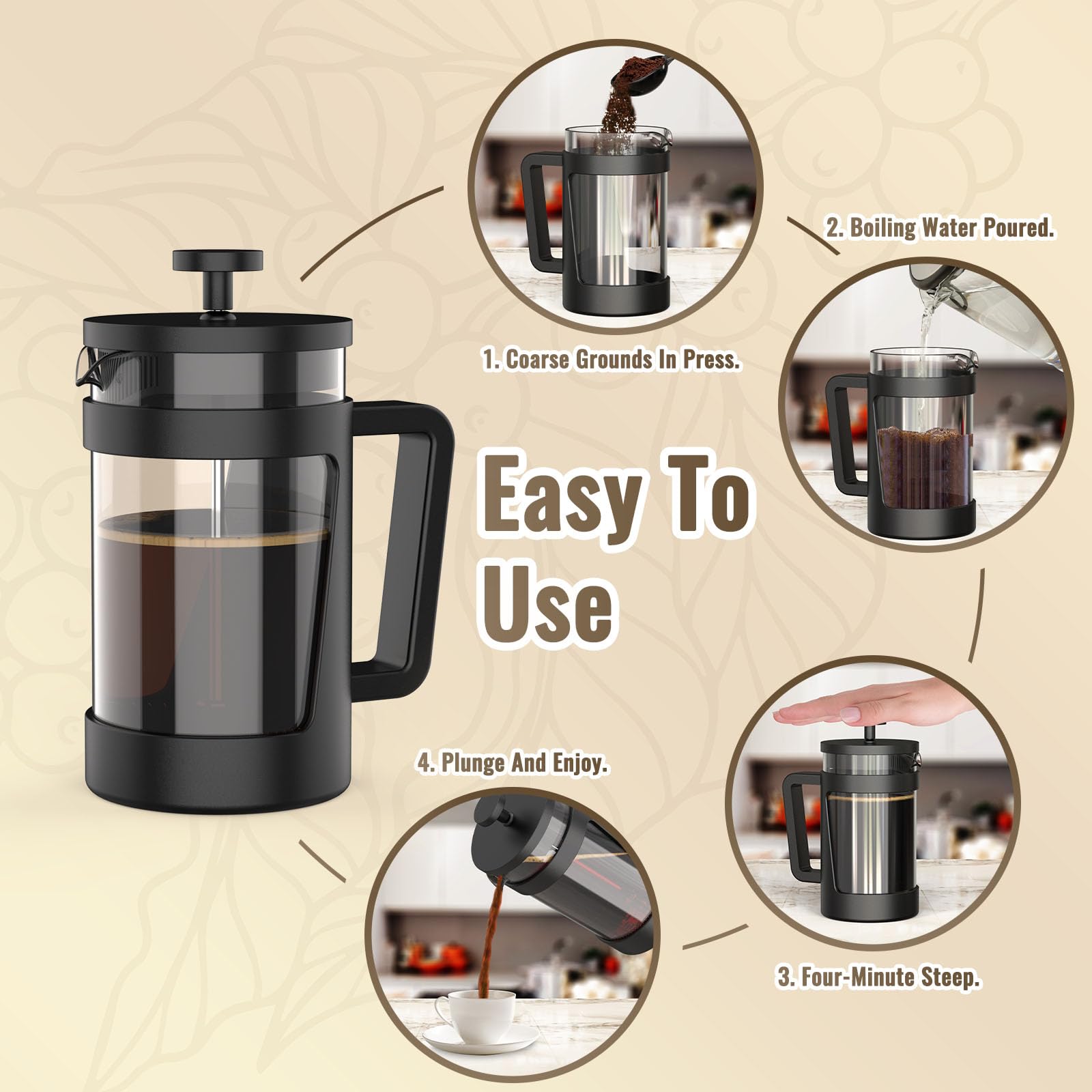 RAINBEAN 21 Oz French Press Coffee Maker - 3 Level Filtration, Small Coffee Brewer for Tea & Coffee Lovers (2-4 Cups) - Perfect for Home, Office & Camping Use