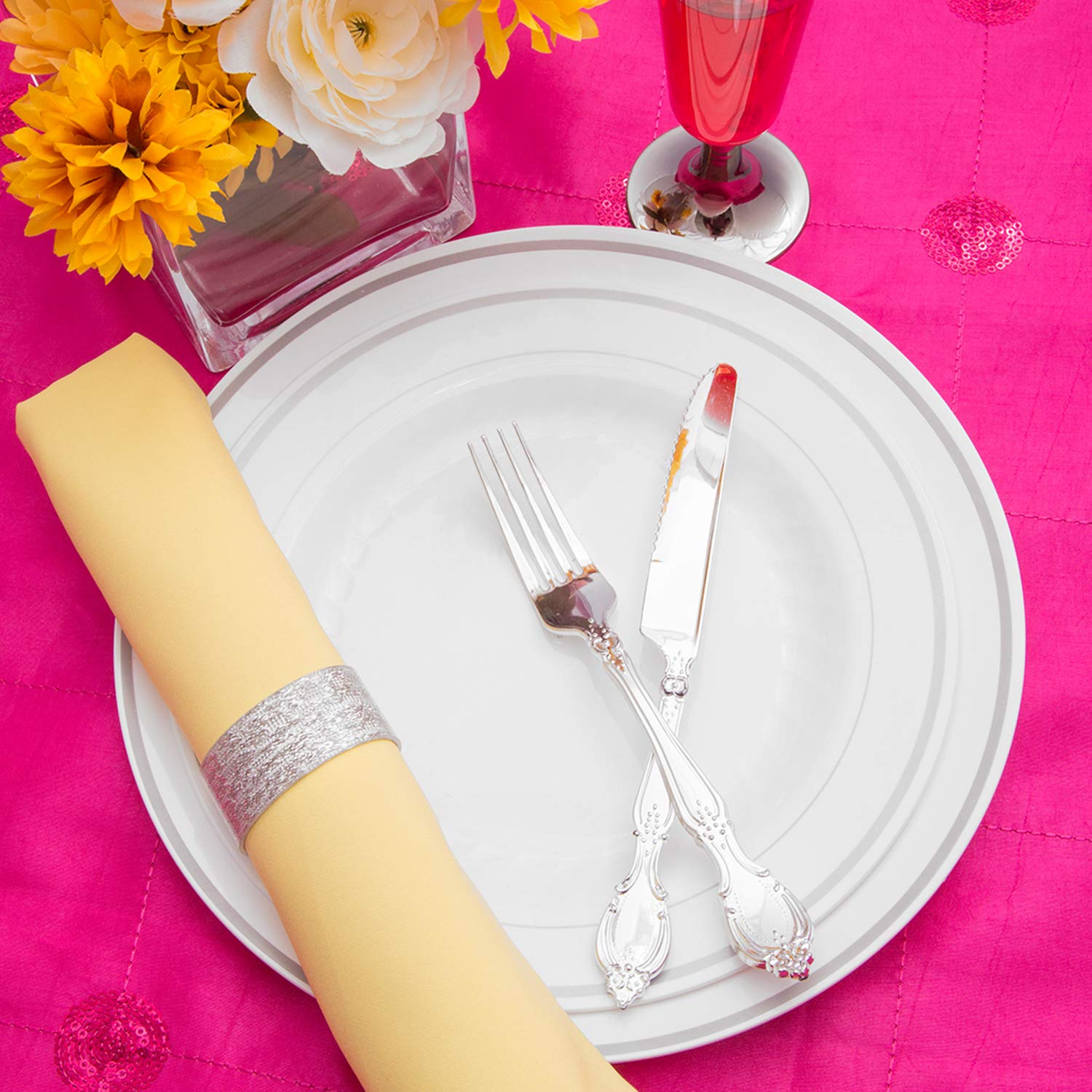 Premium 240-Pack Disposable Plastic Plates - 120 Heavy Duty White Silver-Rimmed Dinner Plates & 120 Elegant Dessert Plates for Wedding, Birthday Party, Catering & Events - Durable Party Tableware for Indoor/Outdoor Use