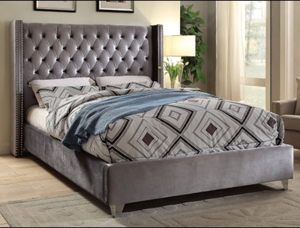 Luxury Grey Velvet Upholstery Fabric with Elegant Nailhead Trim - Available in Double, Queen & King Sizes (Model #5890) - Perfect for Sofas, Headboards & Home Decor