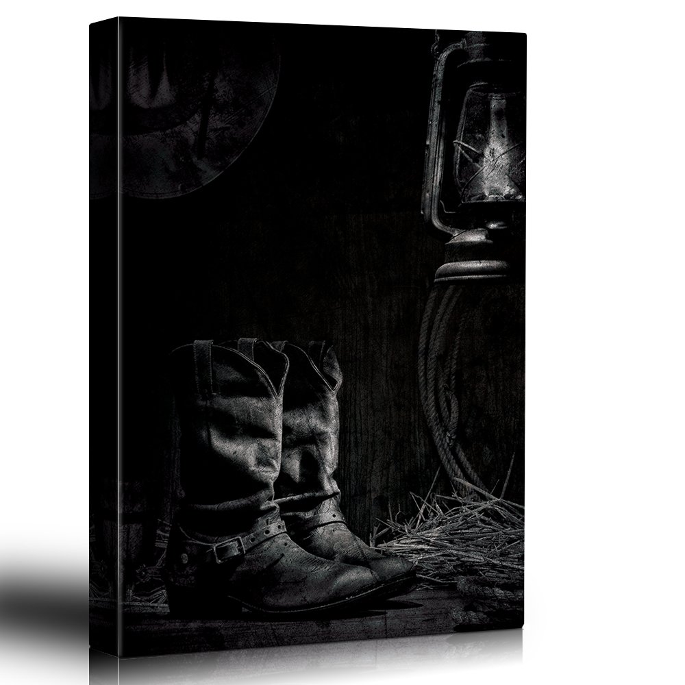 Wall26 - Vintage Black and White Cowboy Boots & Lantern Canvas Wall Art - 32x48 Inches - Western Home Decor for Living Room, Bedroom, or Office
