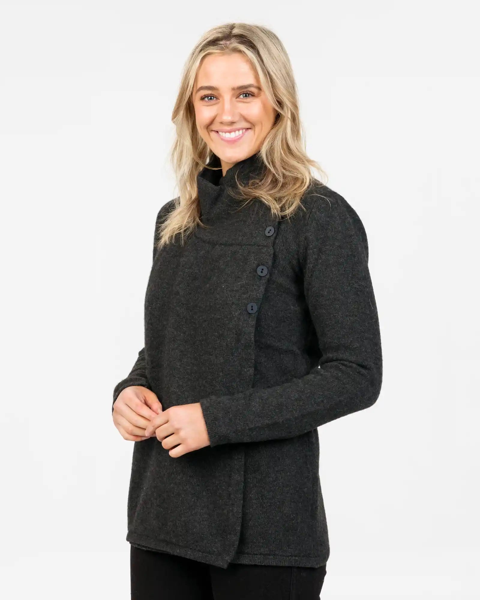 Charcoal Asymmetric Women's Merino Wool Jacket - Stylish & Warm Outerwear for Hiking, Travel & Casual Wear | NS664