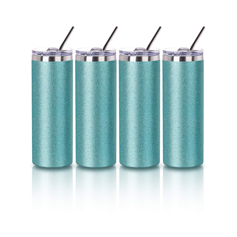 PYD Life 20oz Sublimation Blank Glitter Skinny Tumbler - Teal Stainless Steel Coffee Cup with Lid & Metal Straw - Heat Press & Oven Safe for Sublimation Printing - 4 Pack - Perfect for DIY Crafts, Gifts, and Custom Drinkware