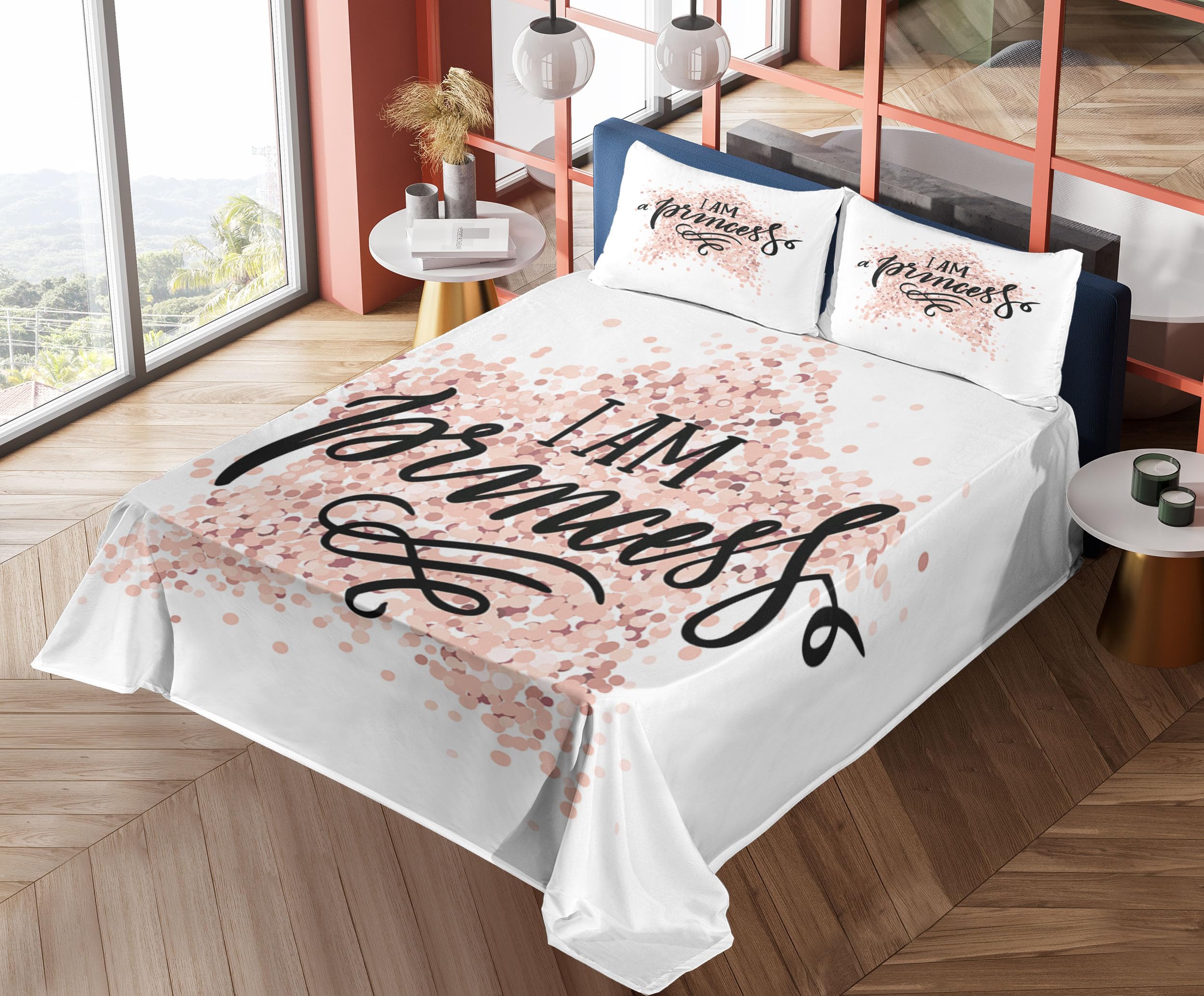 Ambesonne 4-Piece King Size Cartoon Sheet Set - Modern Calligraphic Words on Dotted Background, Hand Lettering Design, Fitted & Flat Sheets with Pillowcases, White Black Blush Bedding | Perfect for Kids' Rooms, Guest Bedrooms & Modern Home Decor