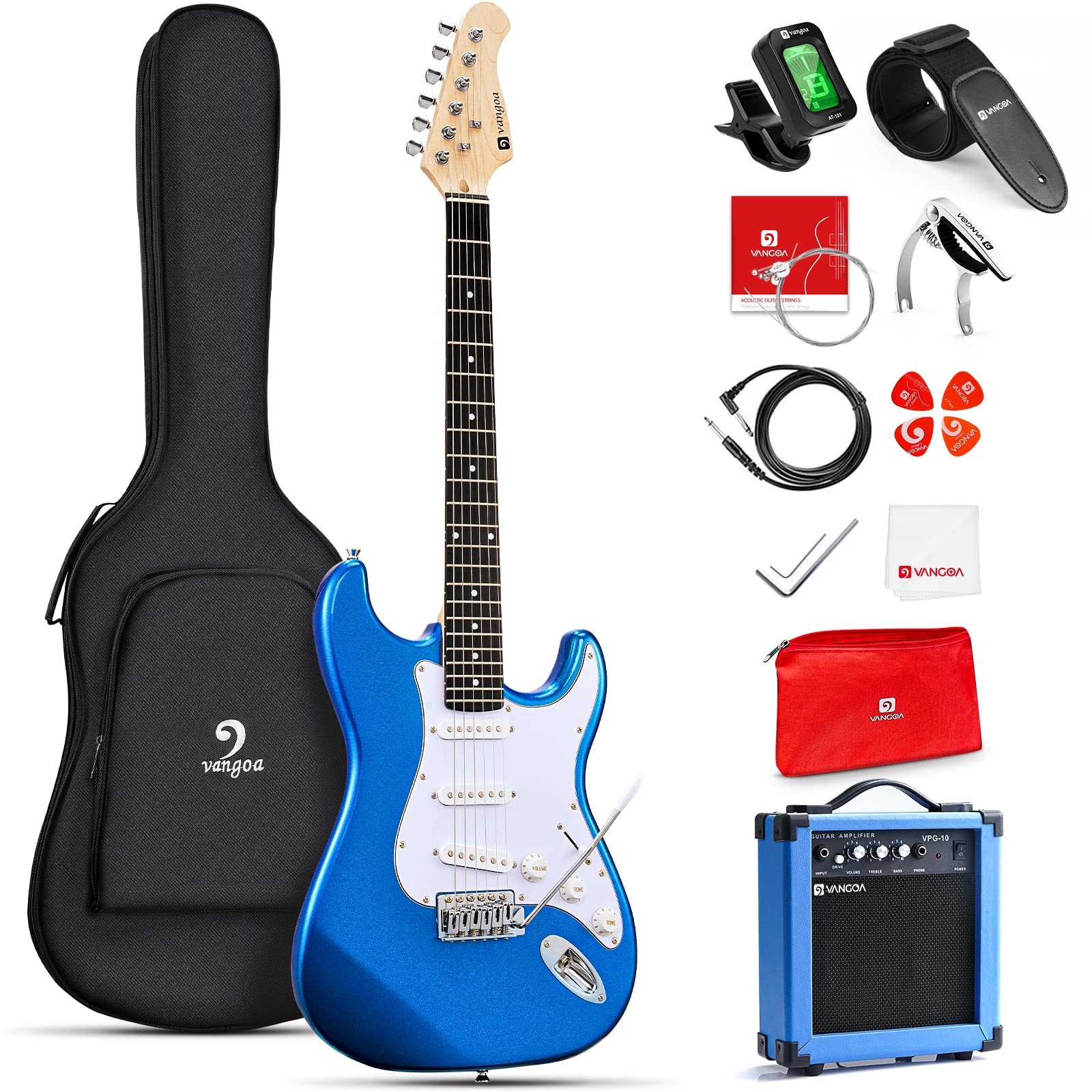 Vangoa 39 Inch Full Size Electric Guitar Starter Kit for Beginners - Includes 10W Folding Amp, Metallic Blue - Perfect for Adults & Teens Learning Guitar at Home, Studio or Live Performances