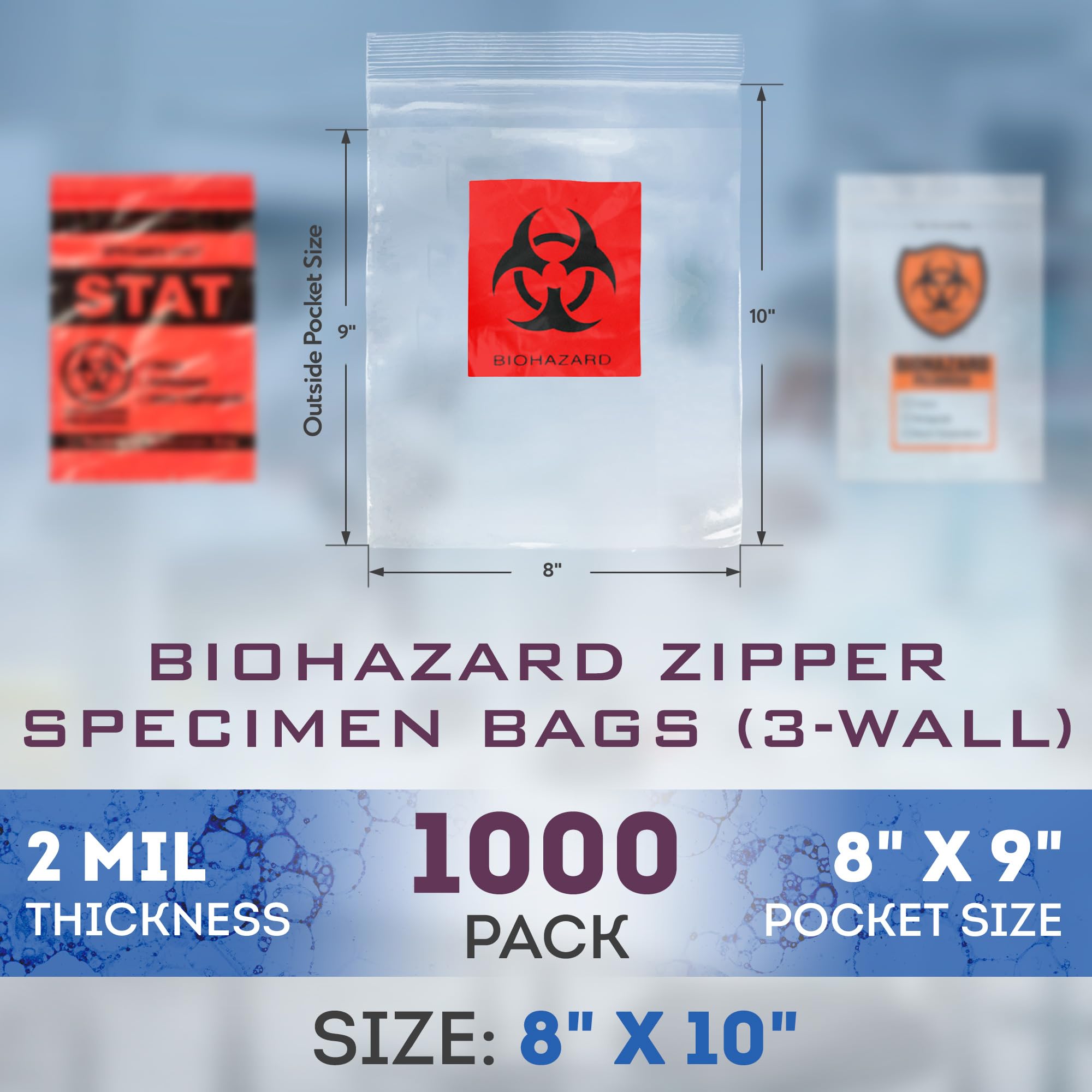 APQ Biohazard Bags - 8x10 Inch Clear Zipper Bags, Pack of 1000, 3-Wall Polyethylene, 2 Mil Thickness for Medical Waste Transport & Disposal | Ideal for Hospitals, Labs & Healthcare Facilities