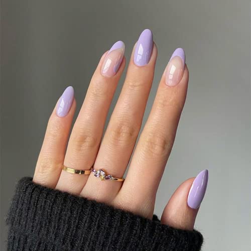 KXAMELIE 24PCS Purple Almond Press on Nails - Medium Nude French Tips with Glossy Purple Swirl Designs & Nail Glue | Fake Nails for Women | Perfect for Parties, Weddings & Daily Wear