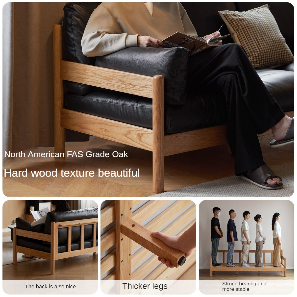 Premium Oak Solid Wood Modern Leather Sofa - Luxury Comfort for Living Room, Office & Lounge Areas