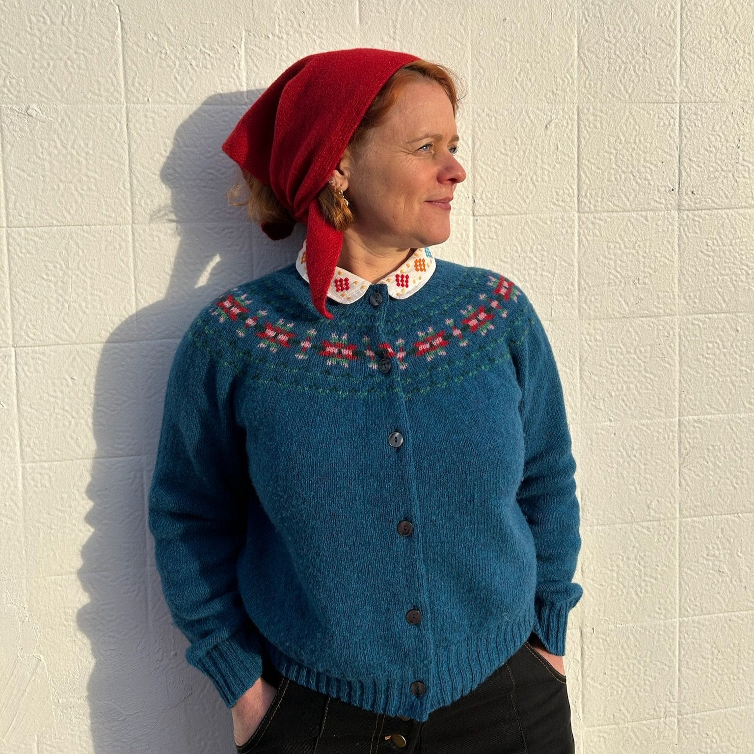 Lowie Storm Blue Fairisle Cardigan for Women - Cozy Winter Knit Sweater with Nordic Pattern - Perfect for Christmas, Holiday Parties & Casual Outfits