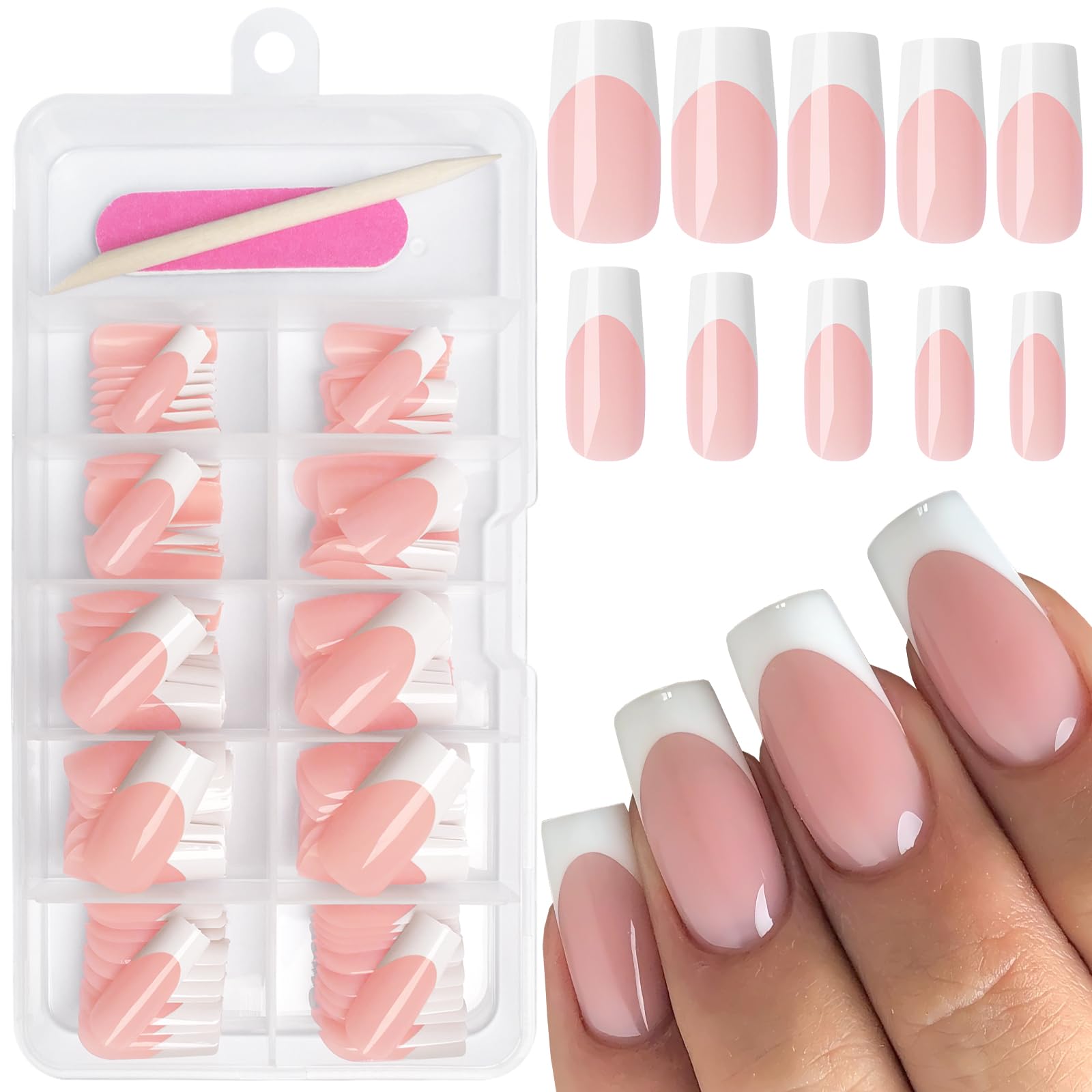 AddFavor 120pcs White French Tip Press on Nails - Medium Square Fake Nails with Adhesive Tabs | Nude False Nails for Women & Girls | Perfect for Parties, Weddings & Daily Wear