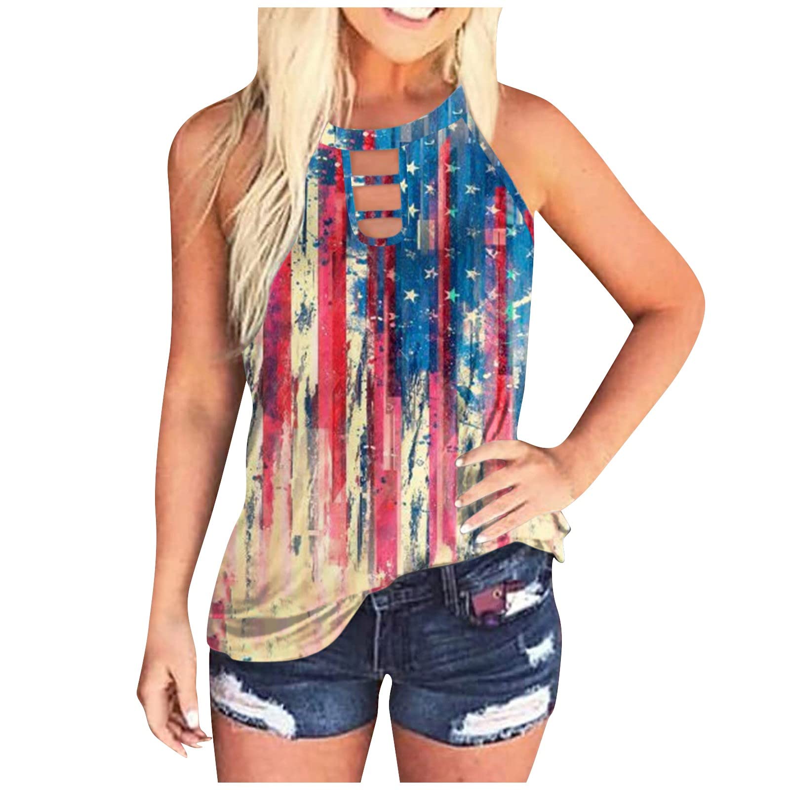 BISXOTY Women's Loose Fit Flowy Tank Tops - American Flag Print Cut Out Vest Shirts for Summer, Beach, Holidays & Casual Wear