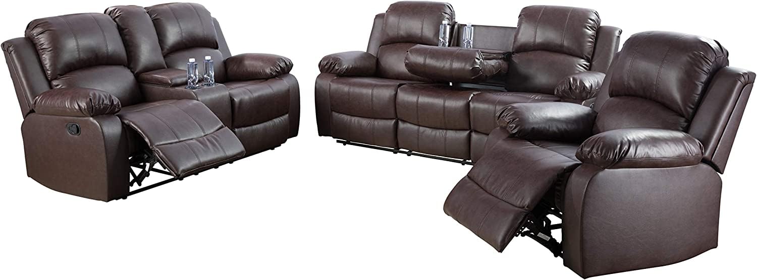 Premium Bonded Leather Reclining Sofa Set - 3-Piece Living Room Furniture (Loveseat & Recliners, Brown) | Comfortable Home Theater Seating & Family Lounge Furniture