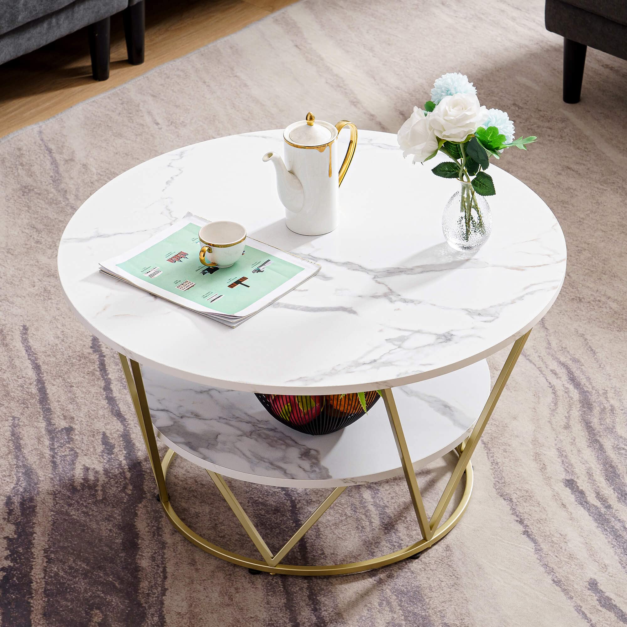 ivinta Modern 2-Tier Round Coffee Table - Faux Marble Top with Storage Shelf & Sturdy Metal Frame for Living Room | Accent Table for Small Spaces, Apartments & Home Decor (COFF-39MG)