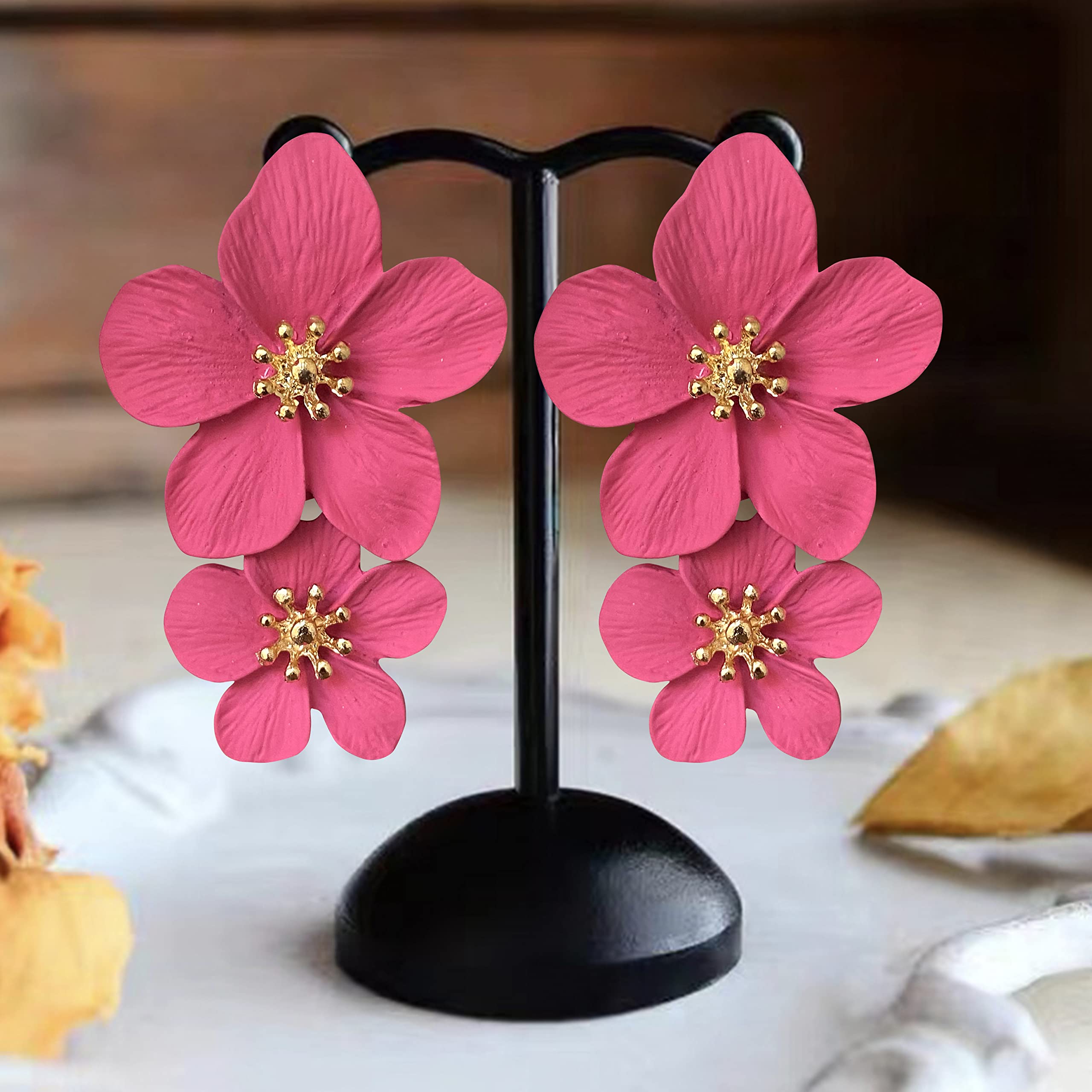 GPASTG Elegant Bohemian Large Metal Double Flower Matte Earrings - Chic Statement Dangle Drop Jewelry for Women - Perfect for Weddings, Parties & Special Occasions - Unique Fashion Gift Idea
